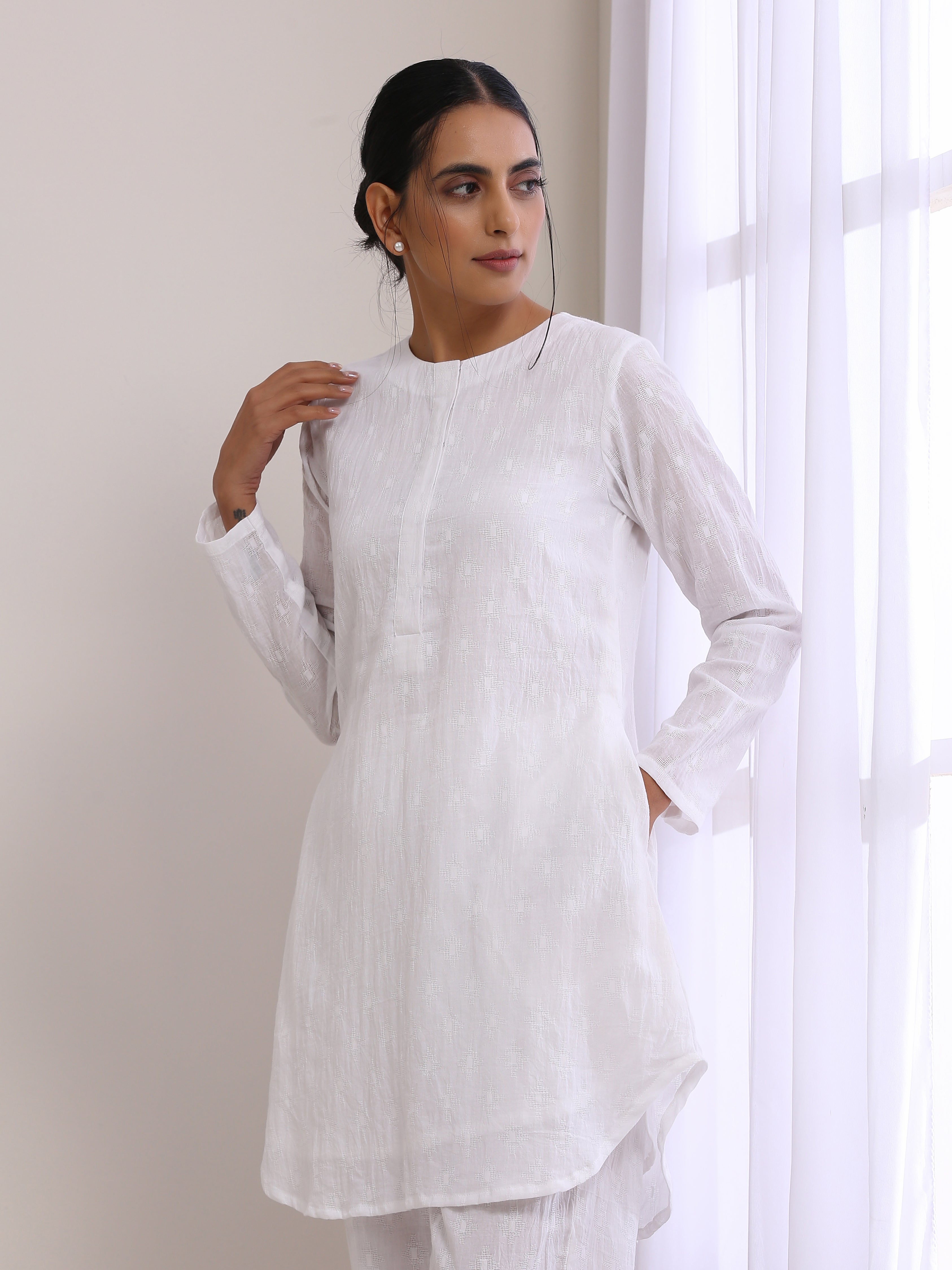 trueBrowns White Dobby Front Placket Co-Ord Set