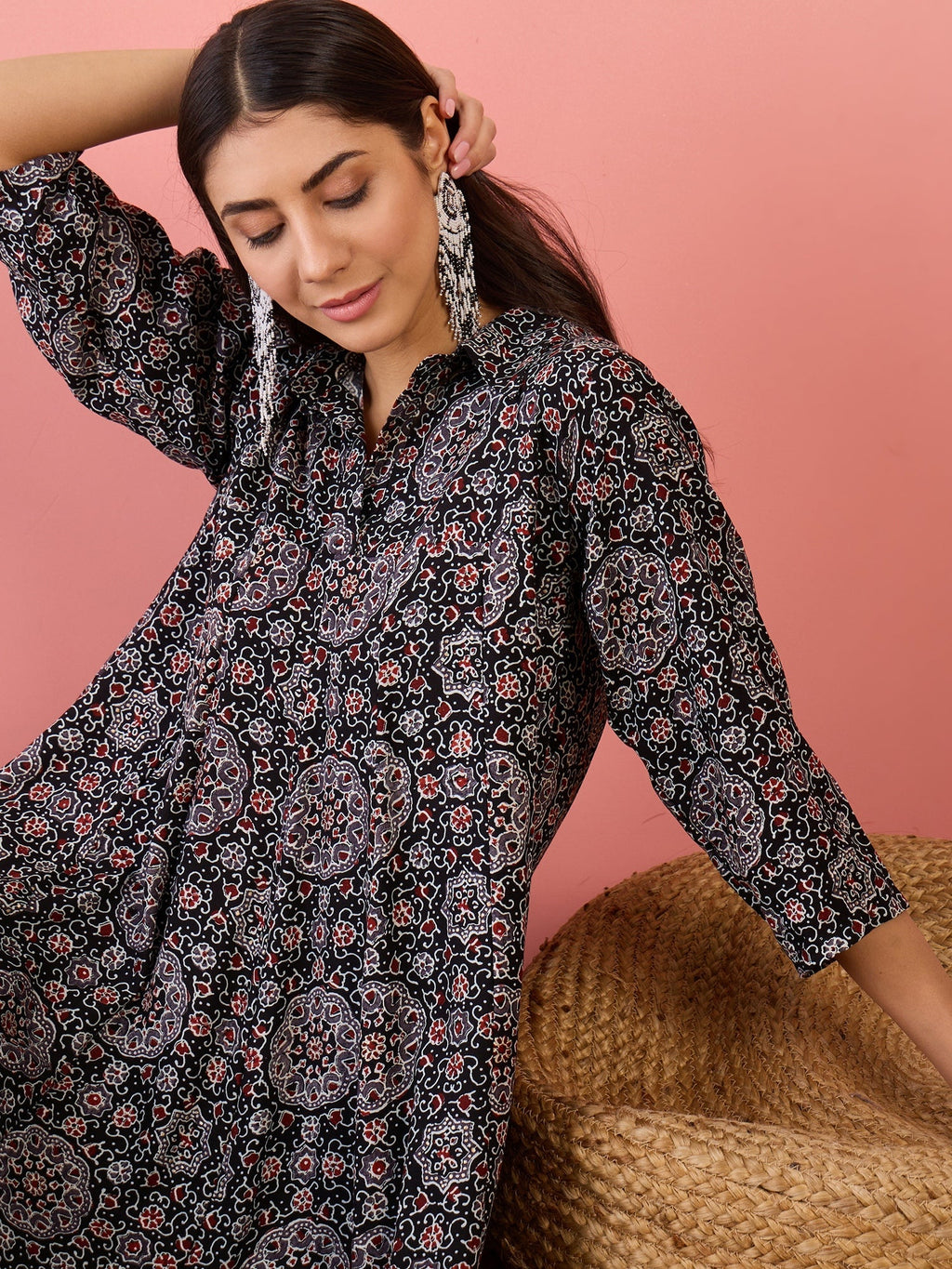InWeave Black Maroon Ajrakh Foil Collar Flared Dress
