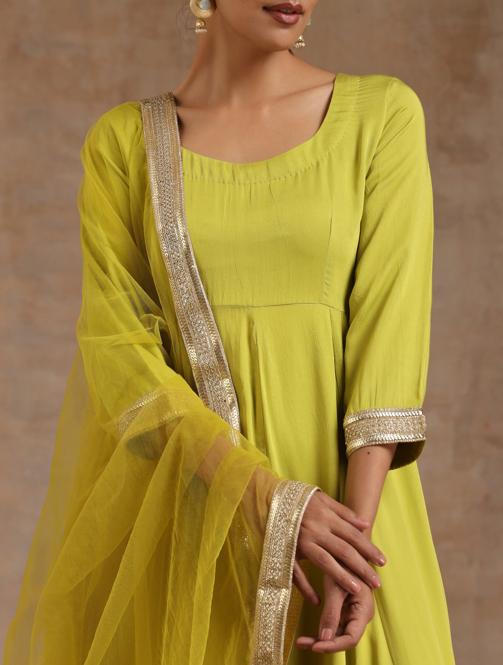trueBrowns Lime Modal Satin Anarkali Set