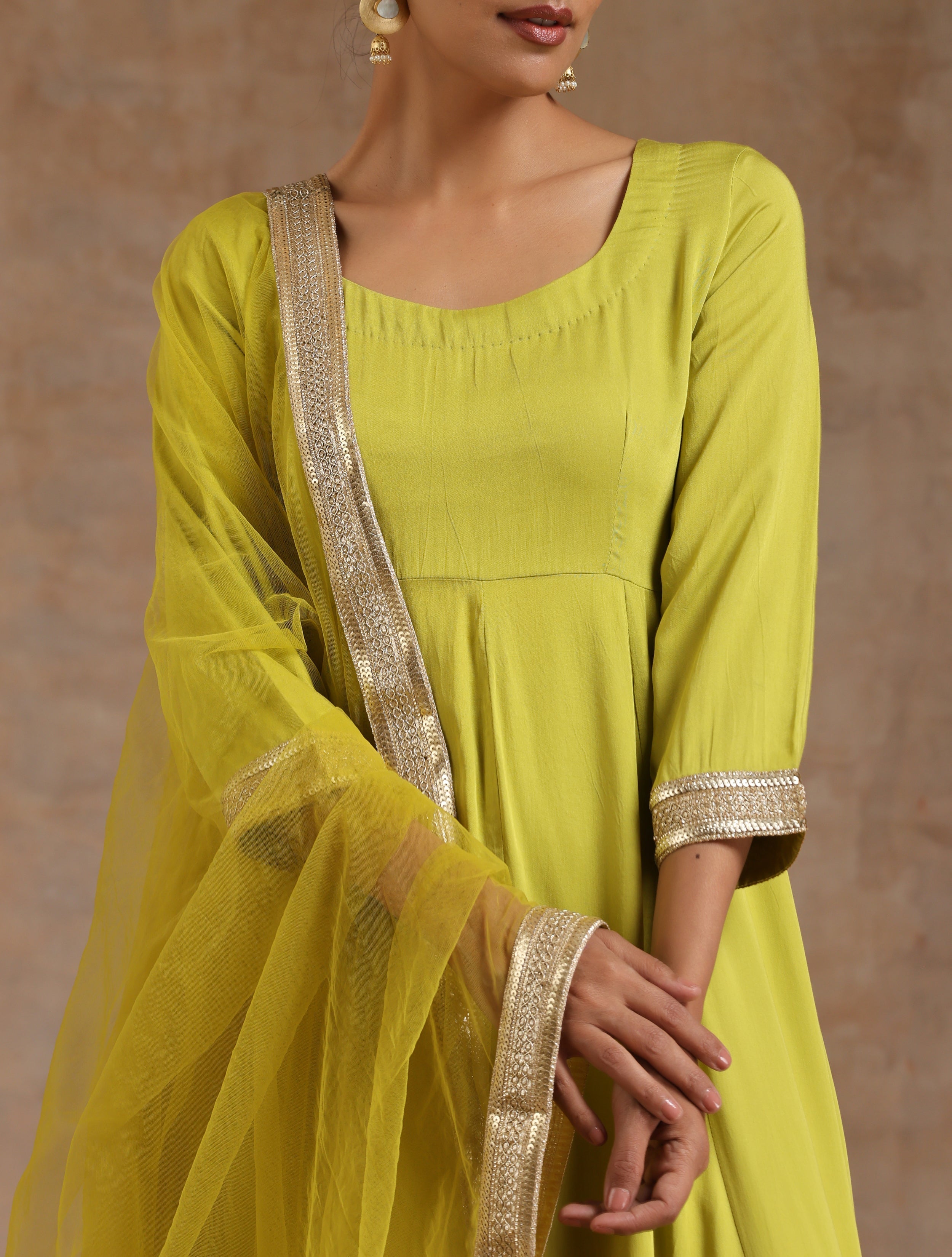 trueBrowns Lime Modal Satin Anarkali Set