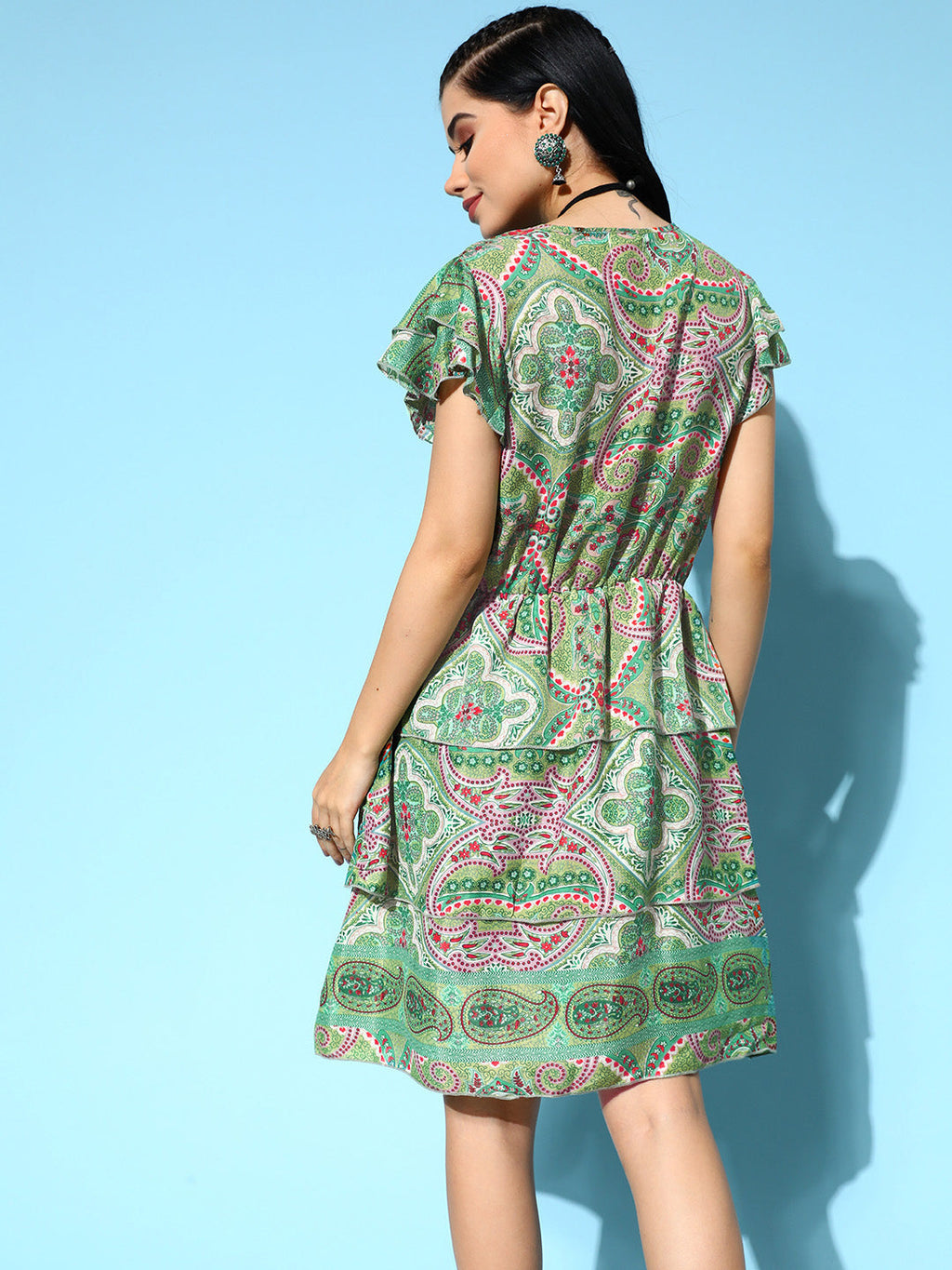 InWeave Women's Soft Green Tiered Short Dress