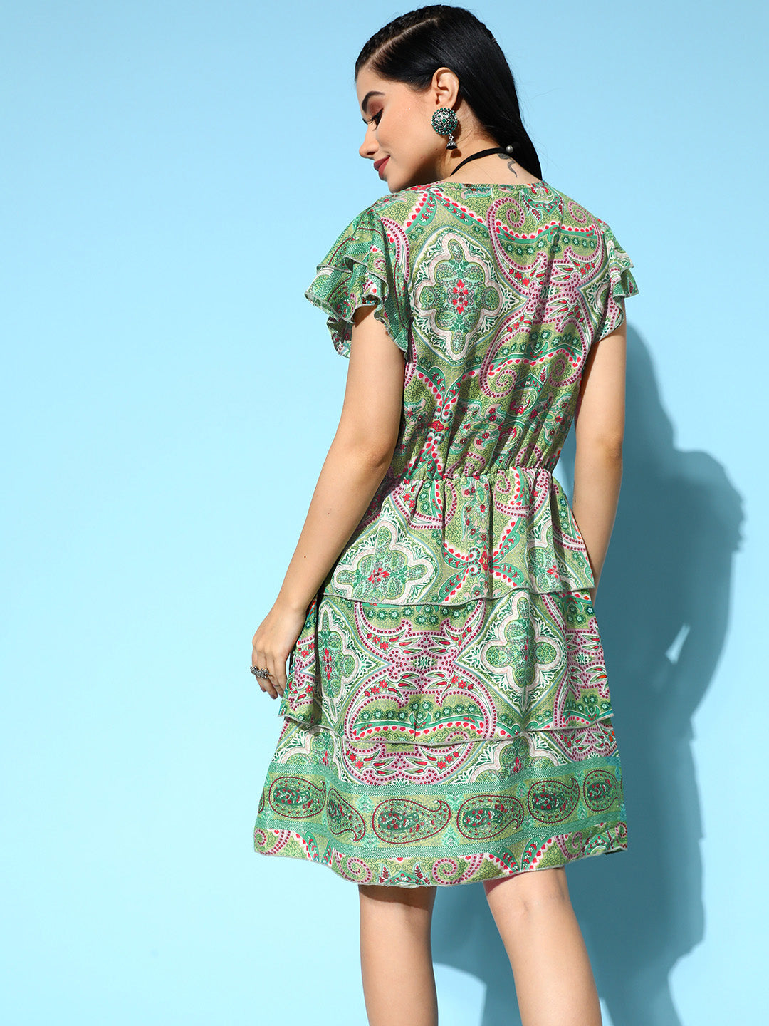 InWeave Women's Soft Green Tiered Short Dress
