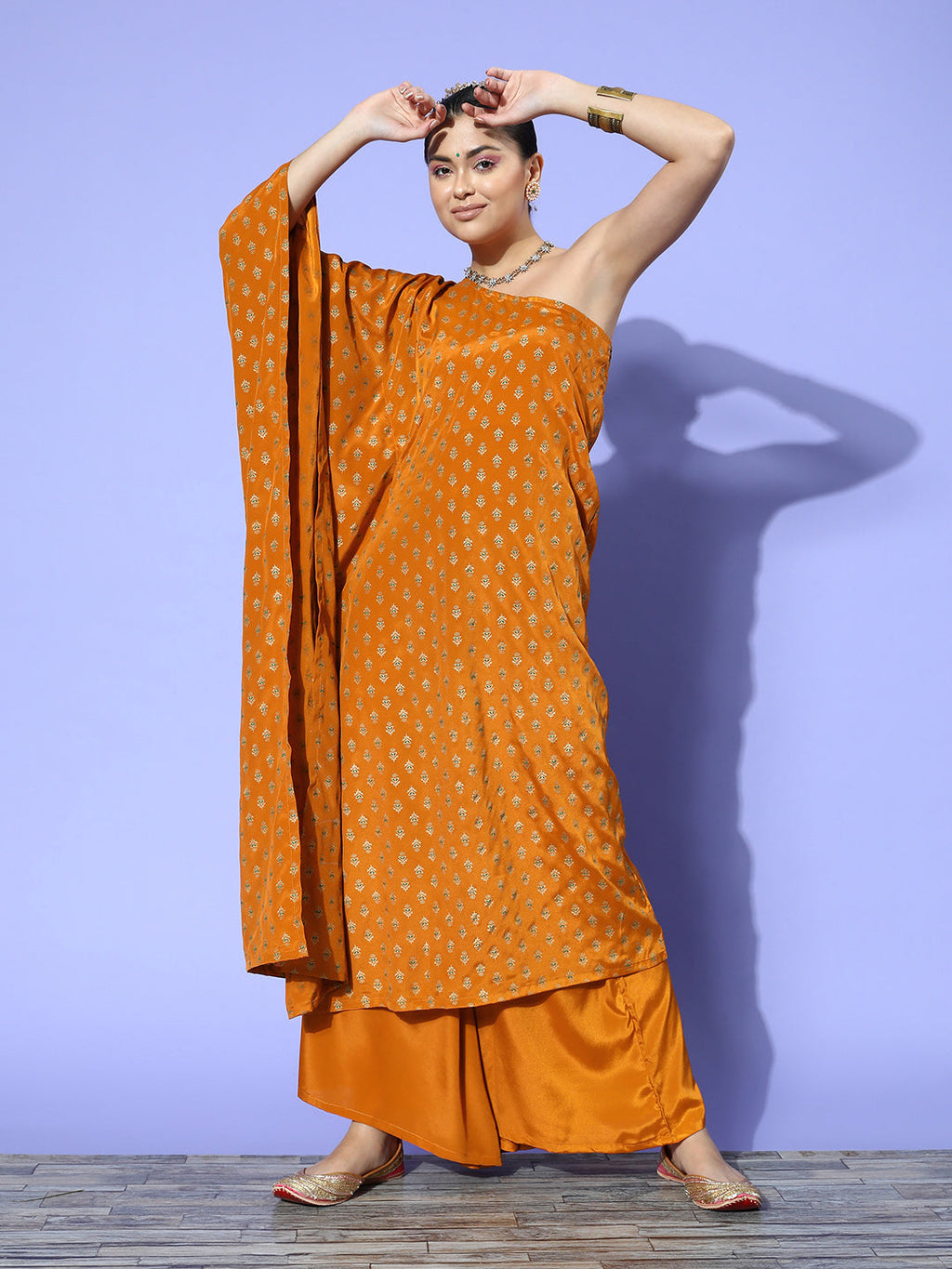 InWeave Women's Mustard Gold Print One Shoulder Kurta Set