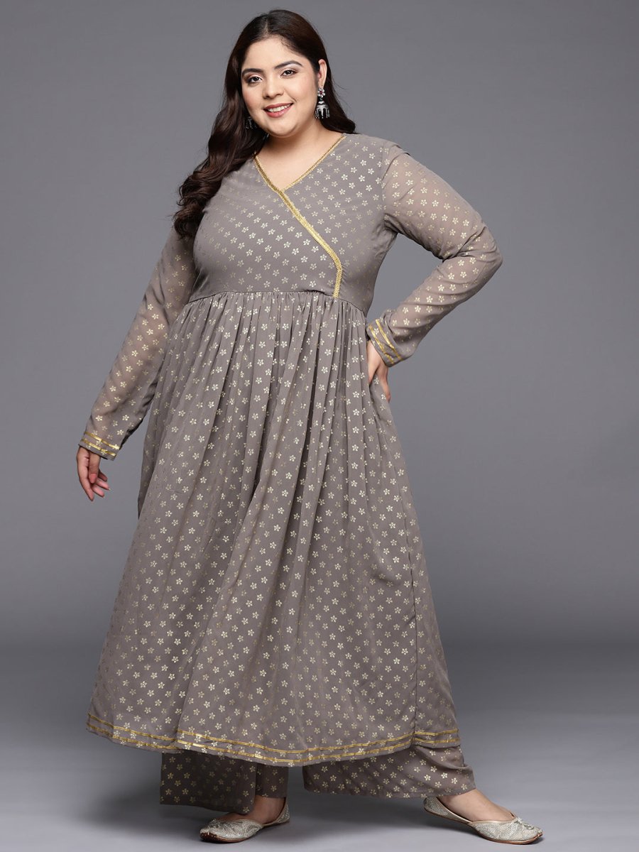 Ahalyaa Plus Size Floral Printed Zari Angrakha Kurta with Palazzos