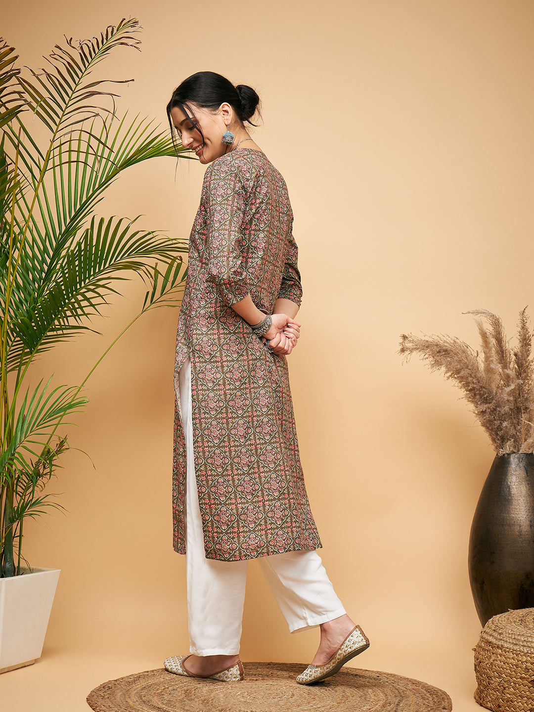 InWeave Women's Green Red Ajrakh Print Cotton Patch Work Straight Kurta Pant Set
