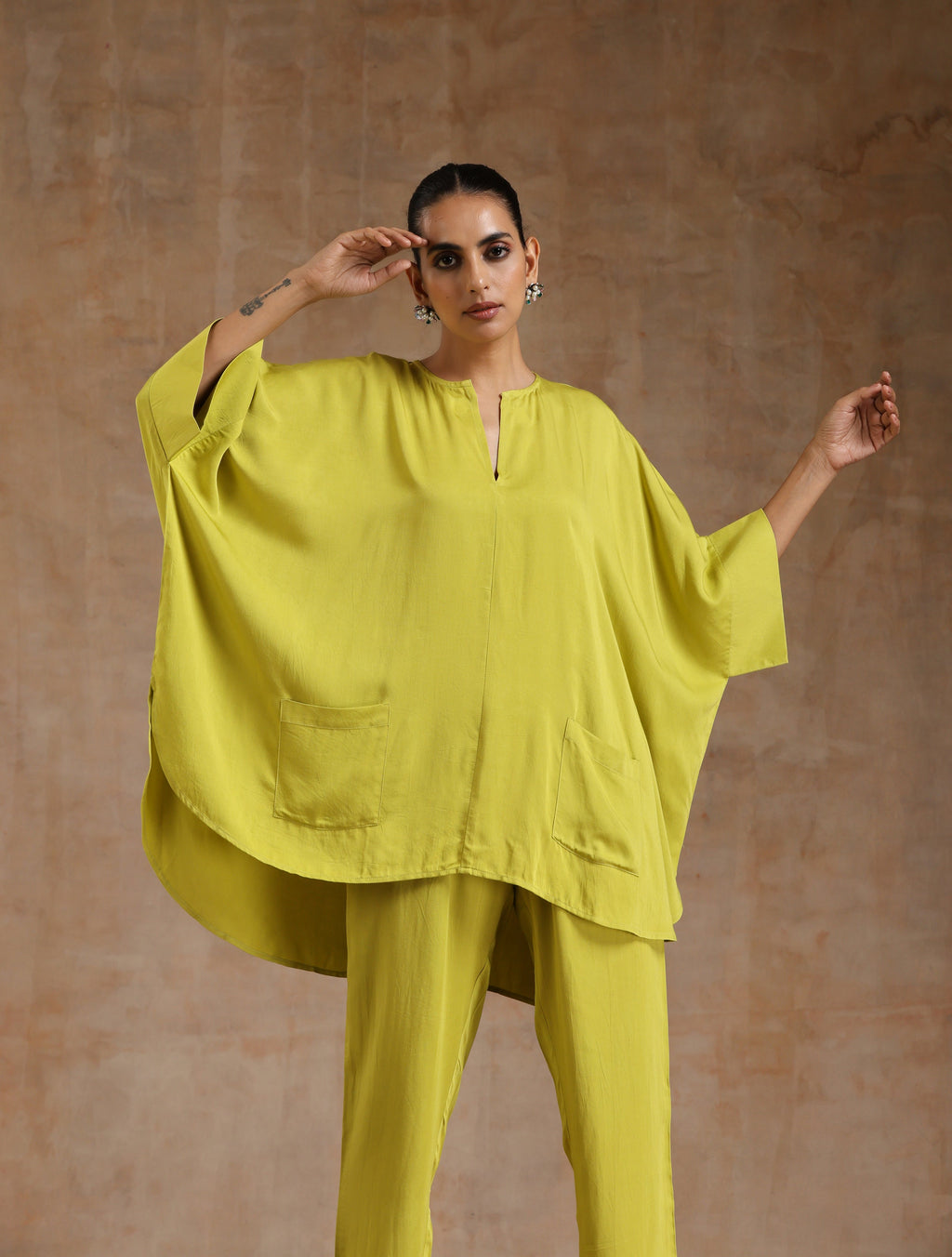trueBrowns Lime Modal Satin Boxy Fit High-Low Co-Ord Set