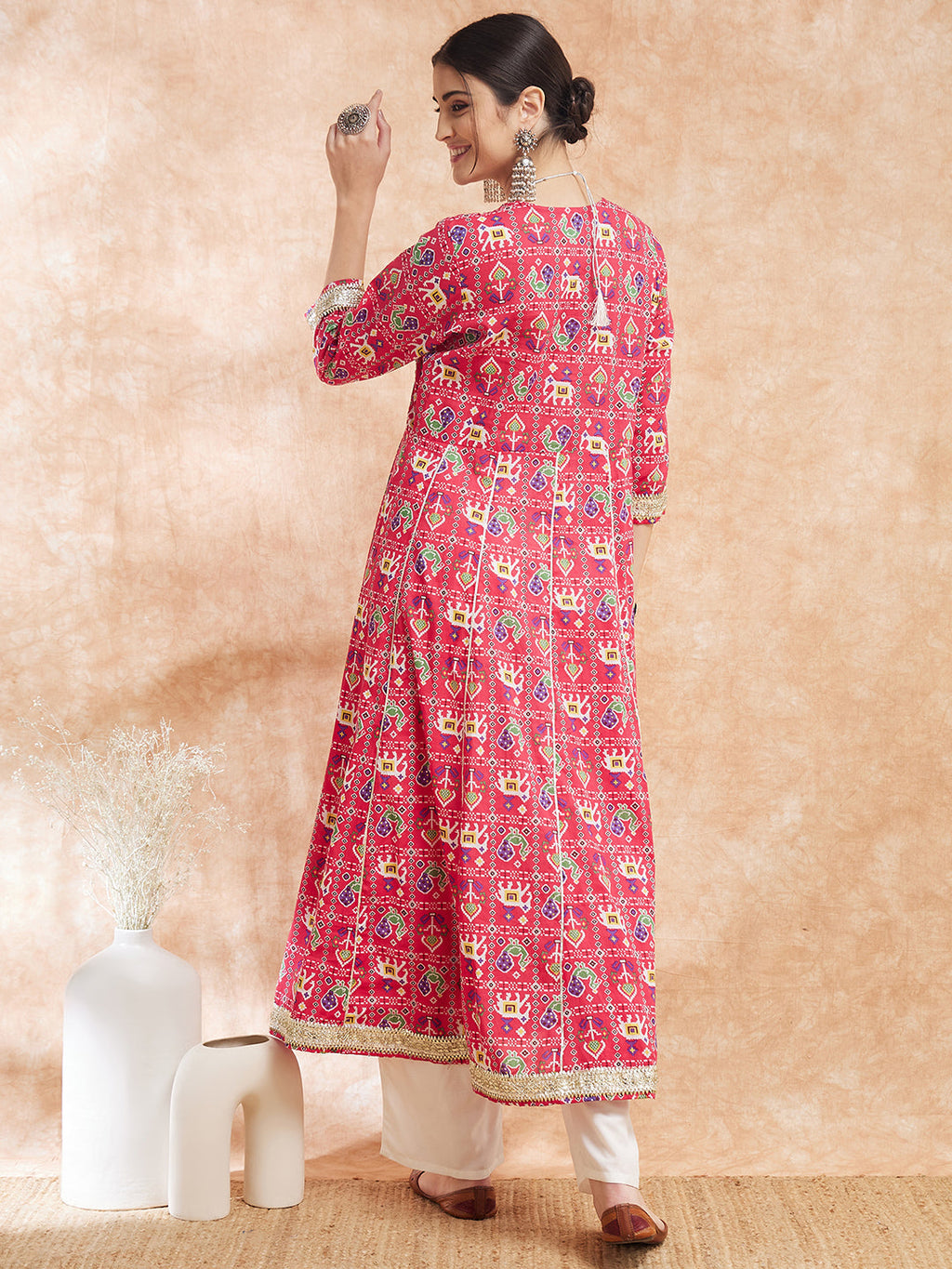 InWeave Women's Pink Patola Printed Gota Embroidered Anarkali Kurta