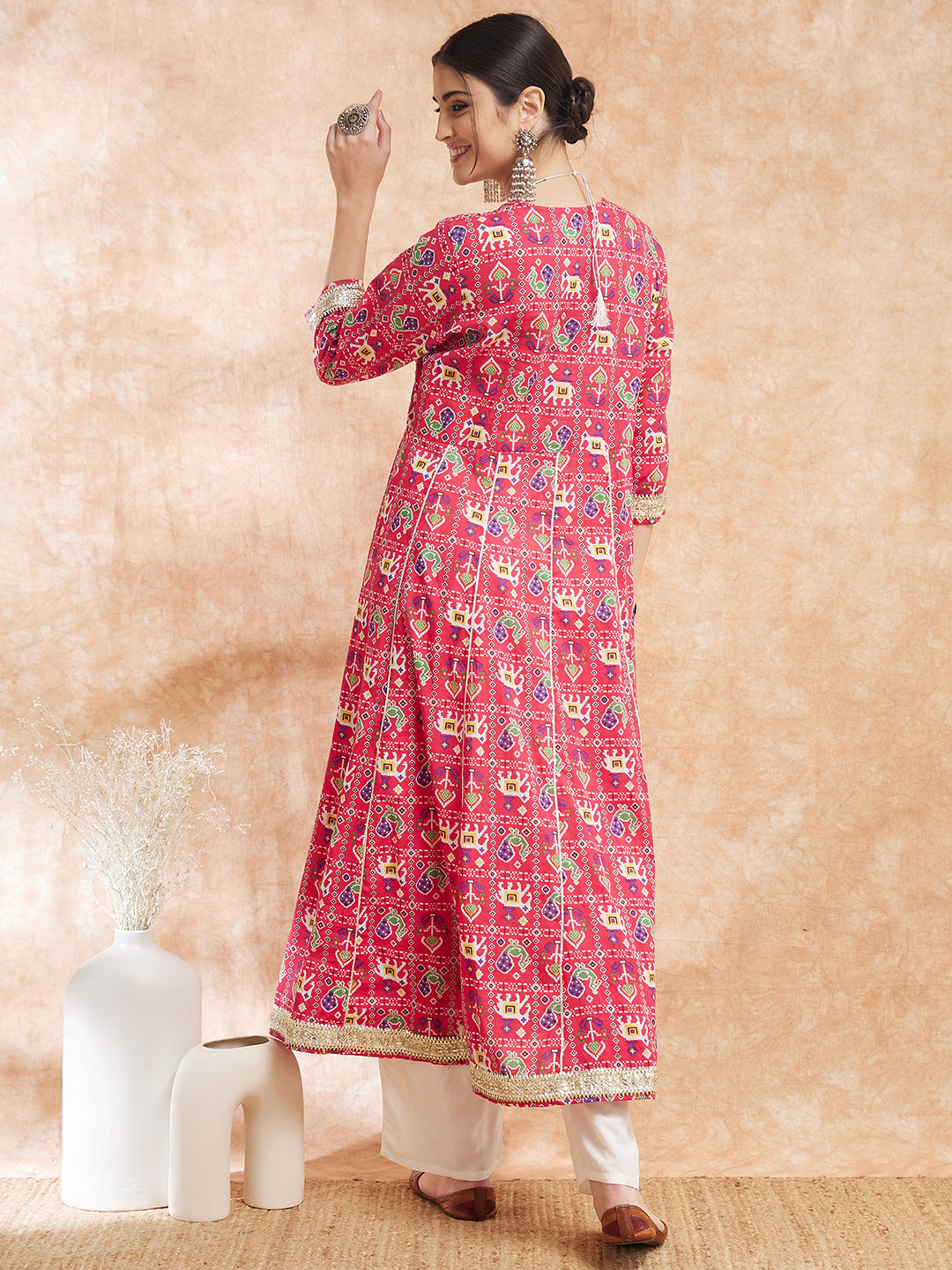 InWeave Women's Pink Patola Printed Gota Embroidered Anarkali Kurta