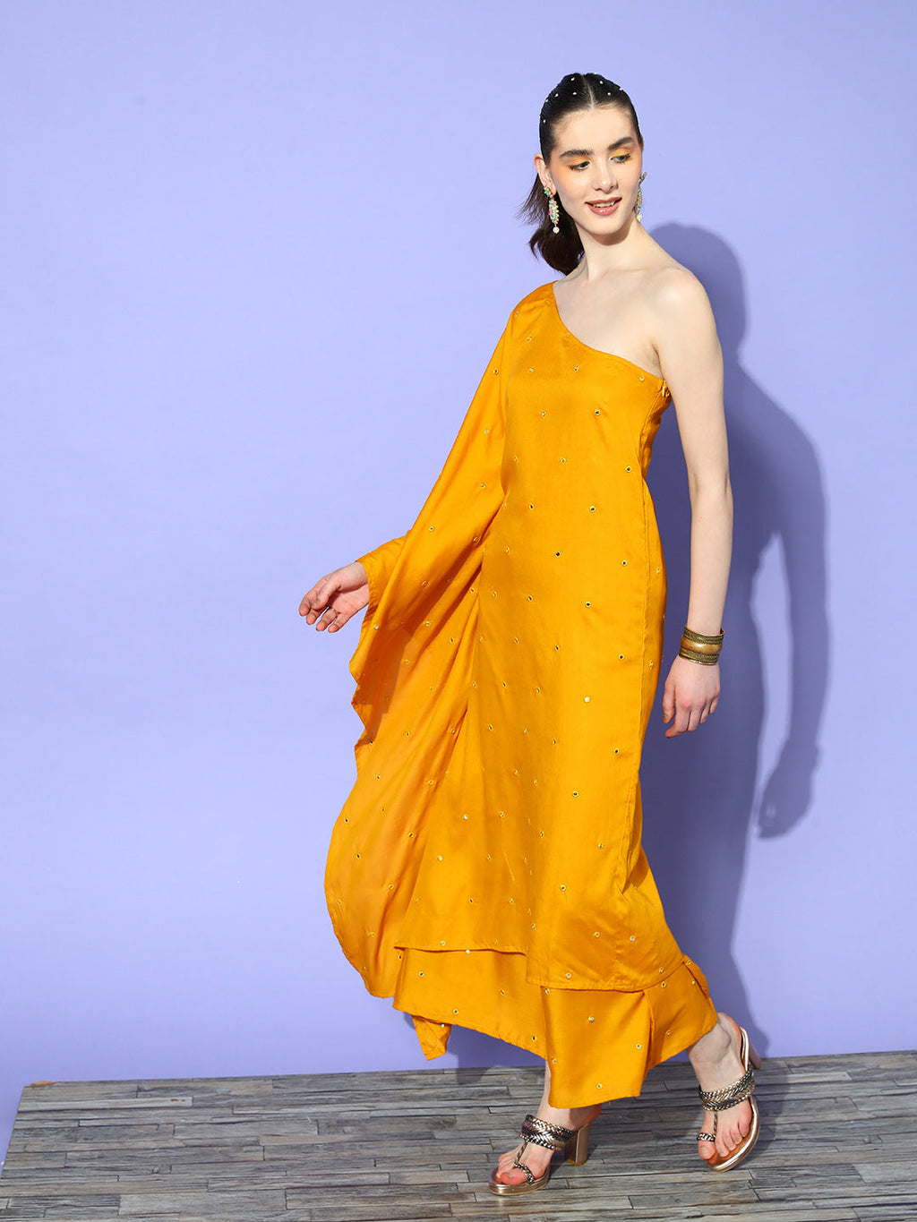 InWeave Women's Mustard Mirror Work One Shoulder Kurta Set