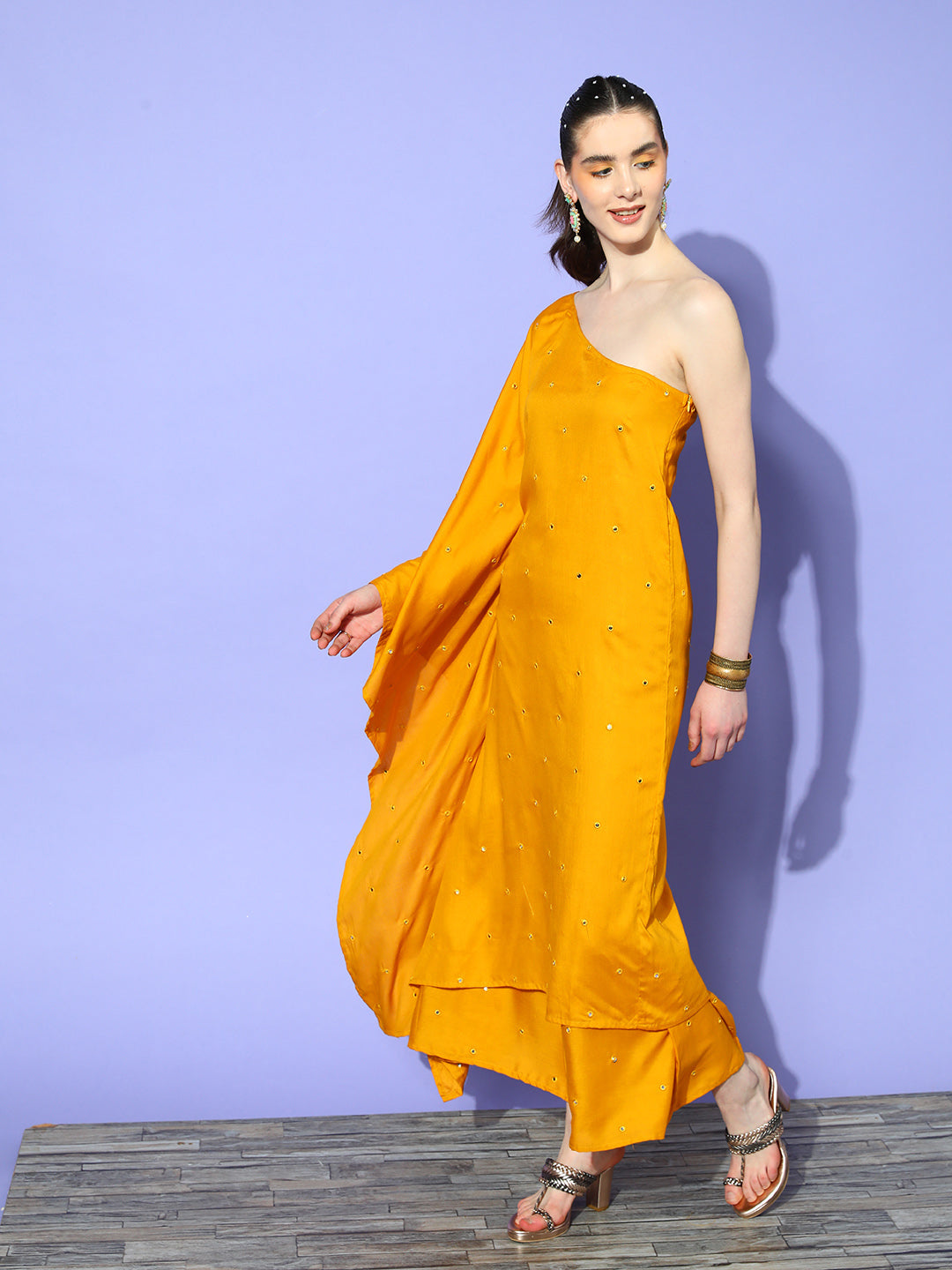 InWeave Women's Mustard Mirror Work One Shoulder Kurta Set