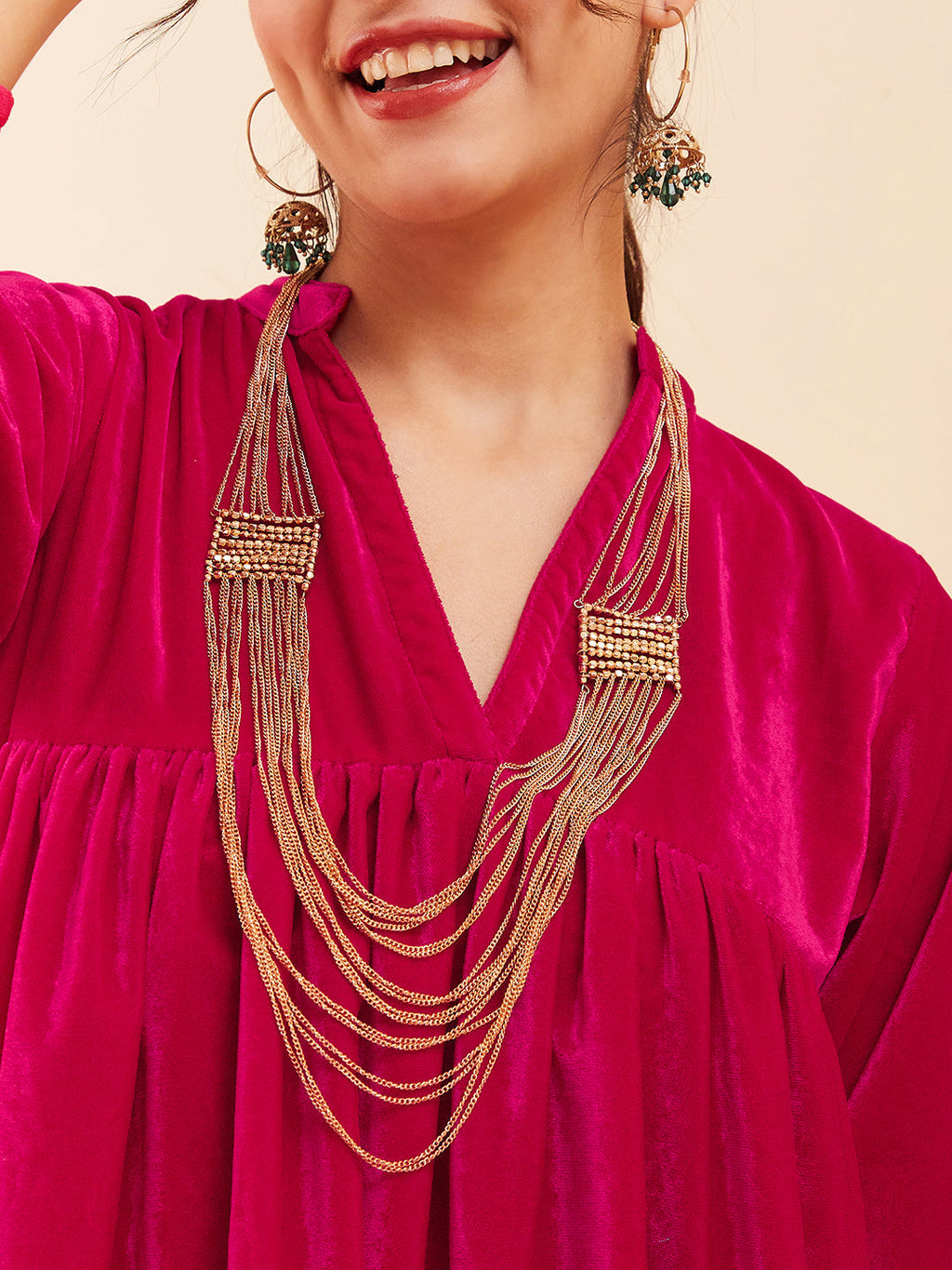 InWeave Women's Fuchsia Velvet Manderia V Neck Flared Dress