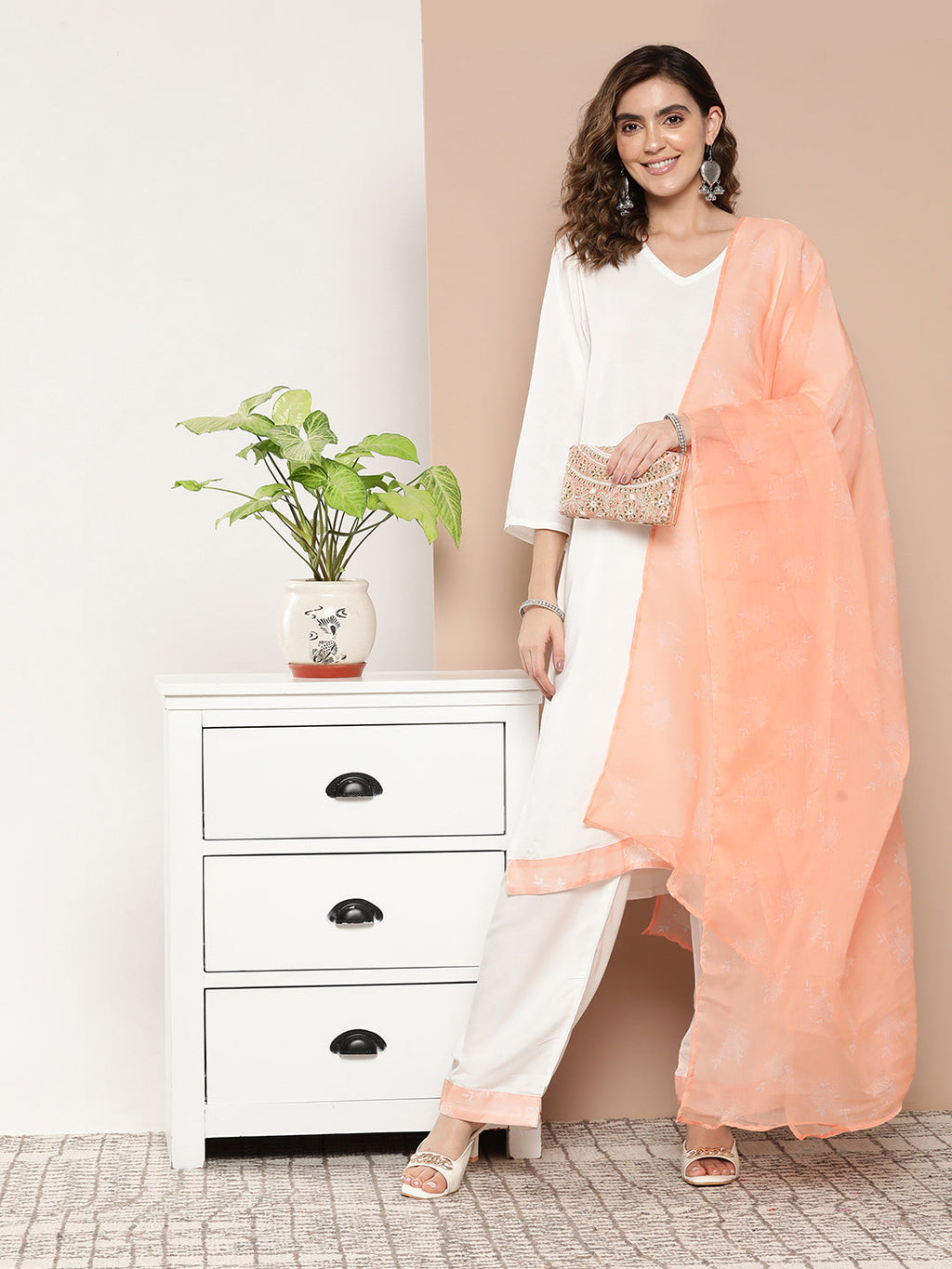 InWeave Women's Cream Straight Kurta Set W Peach White Print Organza Dupatta