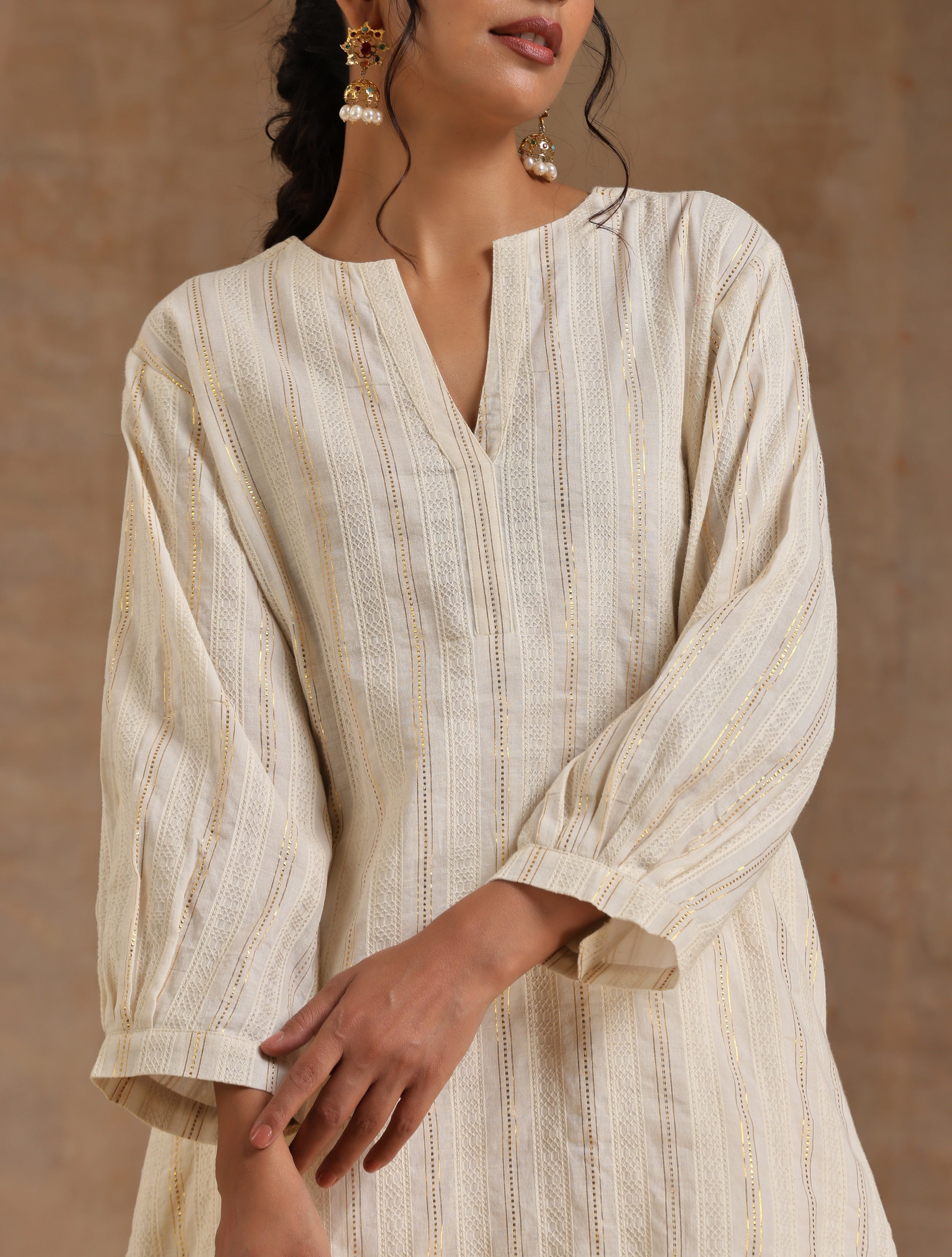 trueBrowns Ivory Gold Cotton Relaxed Co-Ord Set