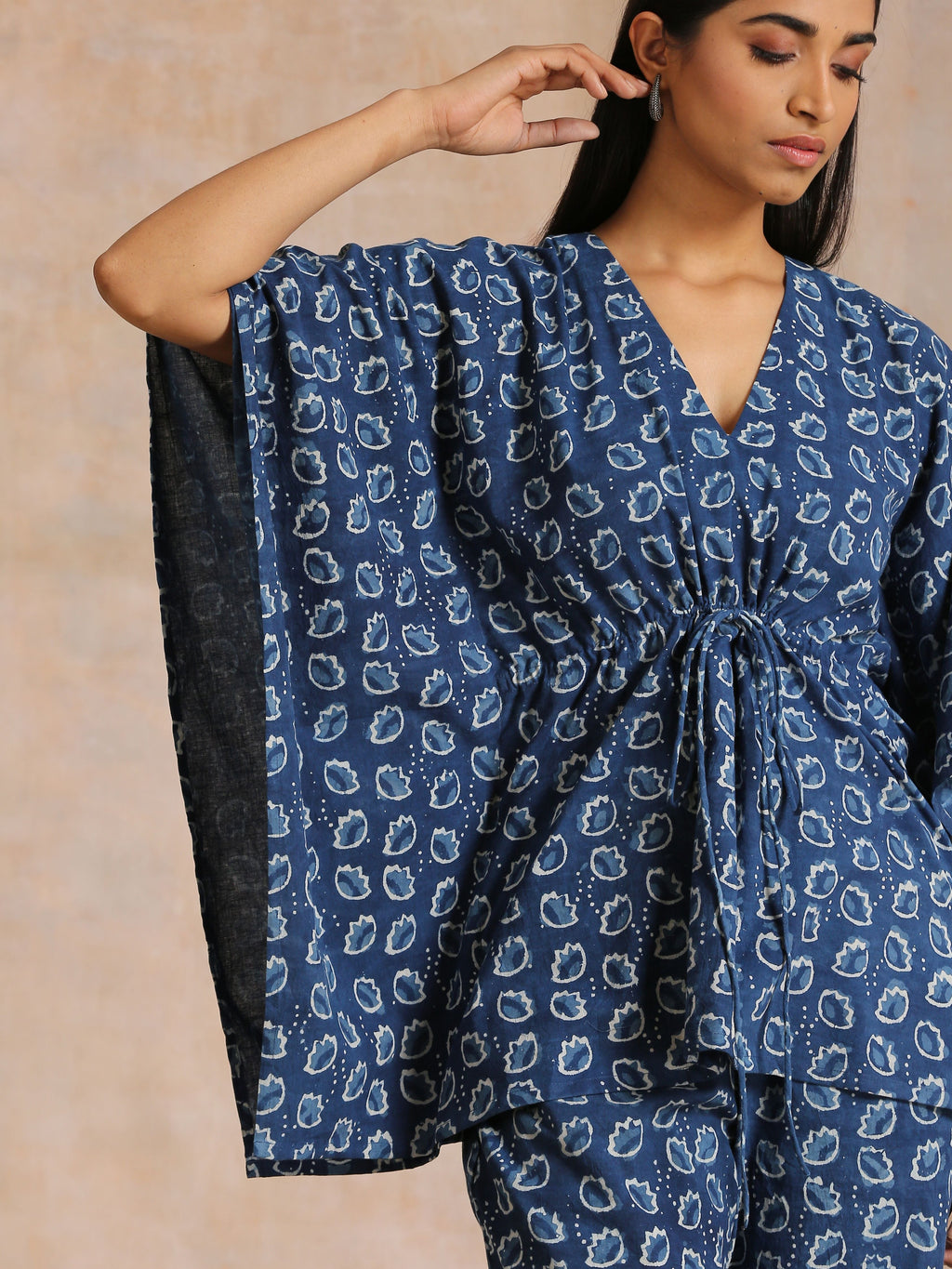 trueBrowns Indigo Dabu Floral Print Cotton Kaftan Co-Ord Set