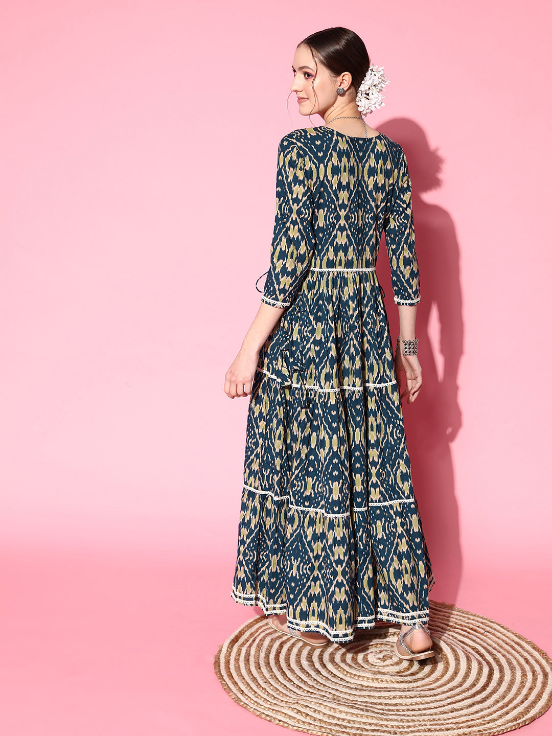 InWeave Women's Blue Ikkat Print Tiered Dress With Lace