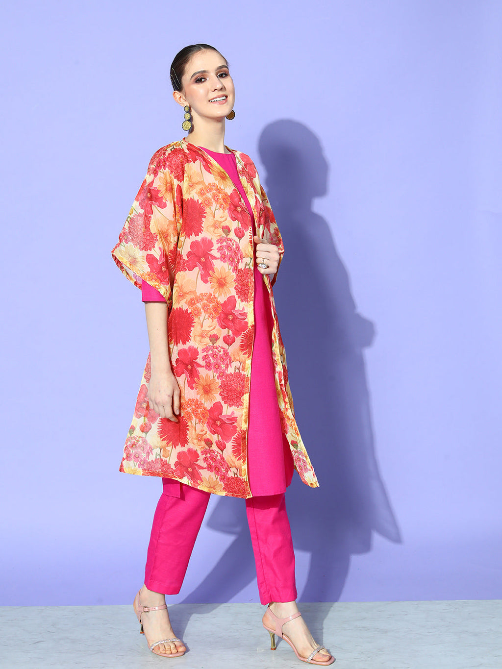InWeave Women's Red Mustard Chintz Long Organza Cape