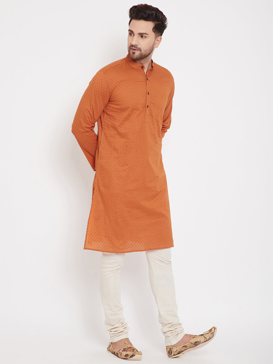 Even Apparels Orange Pure Cotton Kurta With Band Collar