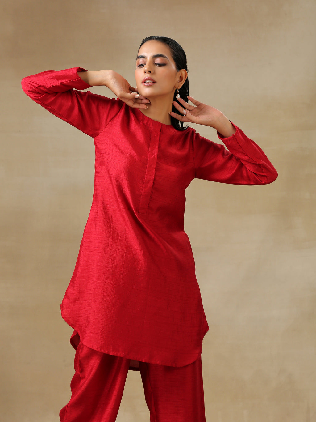 trueBrowns Maroon Textured Silk Front Placket Co-Ord Set
