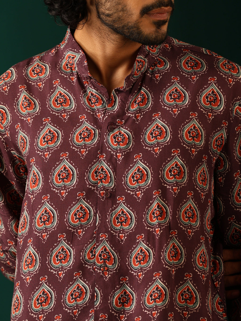 trueBrowns Men's Deep Purple Paan Muslin Silk Printed Co-ord Set
