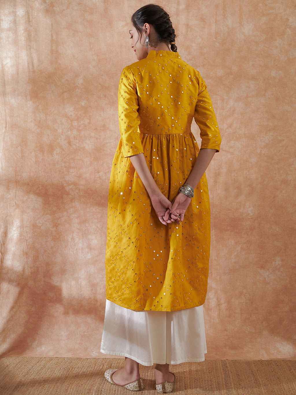InWeave Women's Mustard Mirror Work Flared Kurta