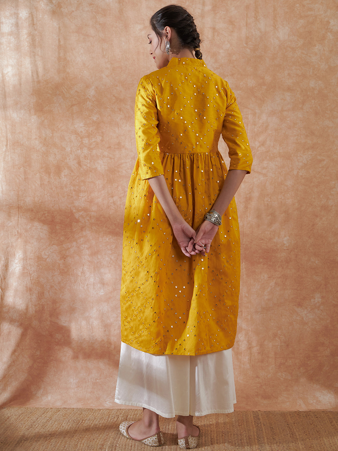 InWeave Women's Mustard Mirror Work Flared Kurta