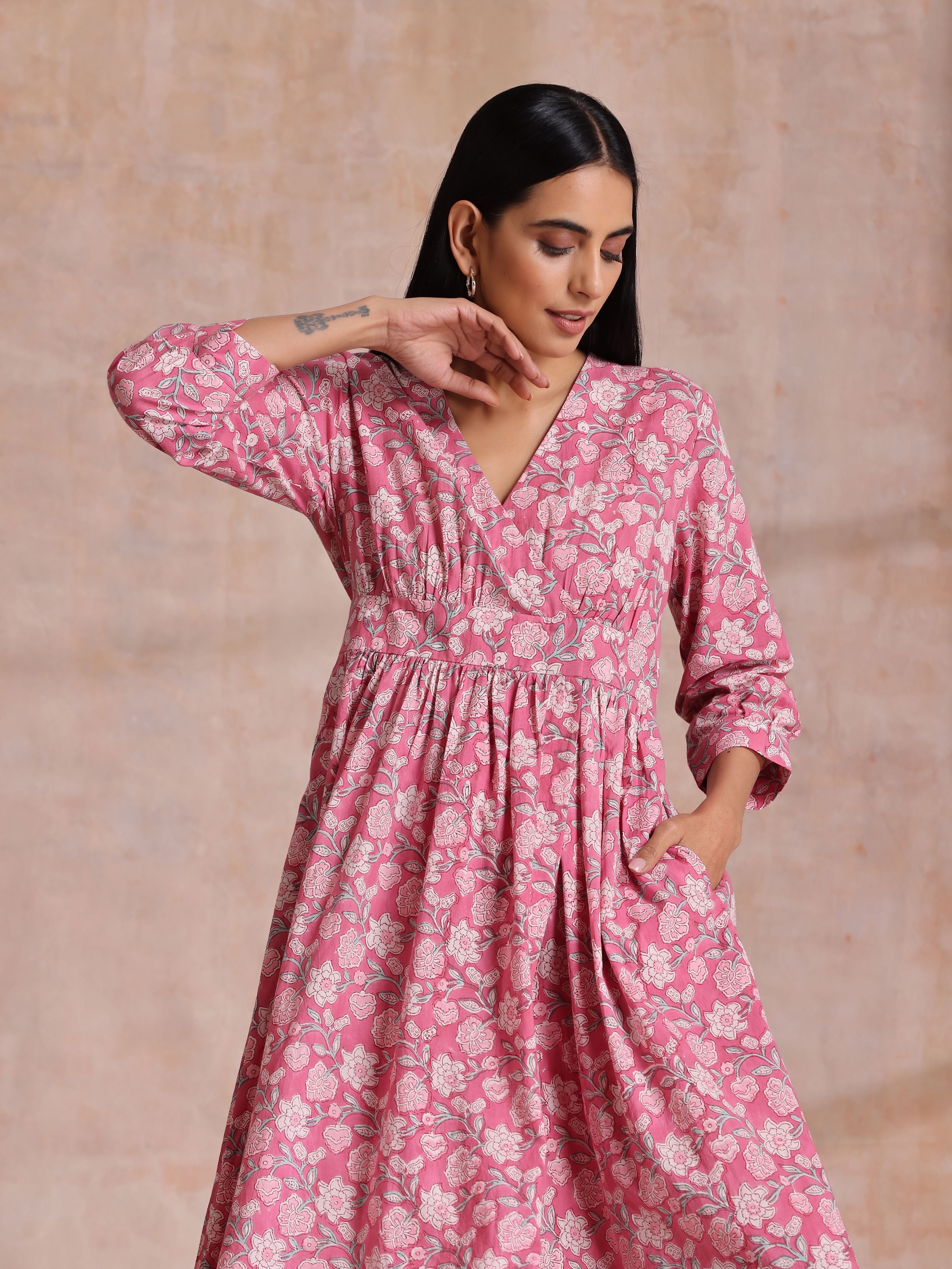 trueBrowns Pink Overall Floral Block Print Cotton Wrap Dress