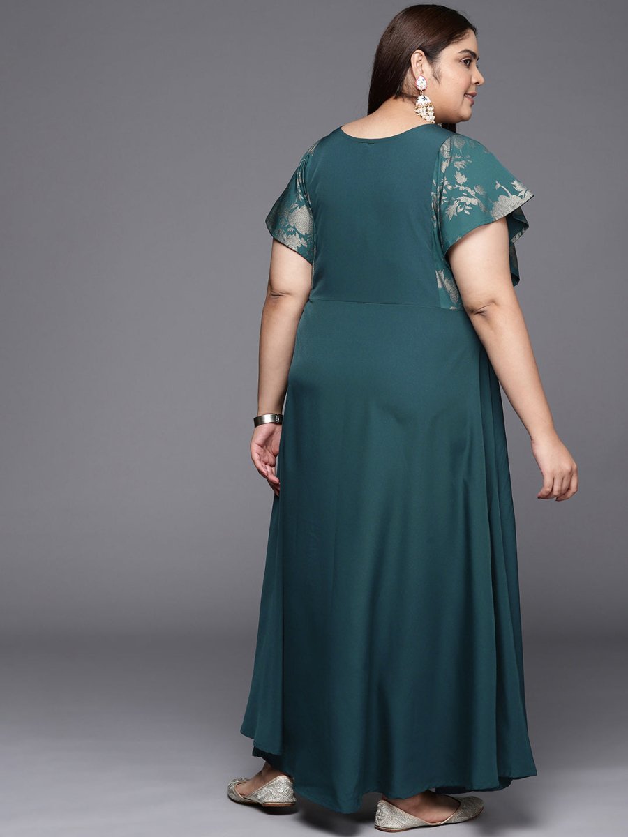 Ahalyaa Plus Size Floral Print Crepe Flared Sleeves A-line Maxi Ethnic Dress