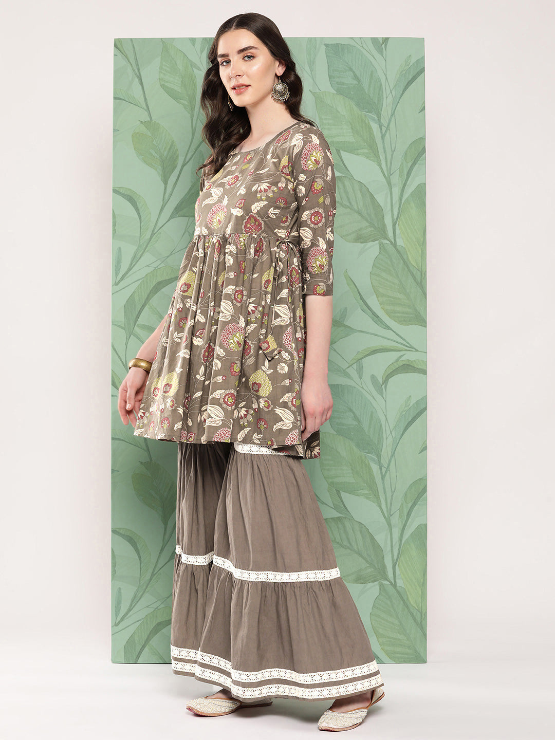 InWeave Women's Olive Shade Tropical Sharara Set