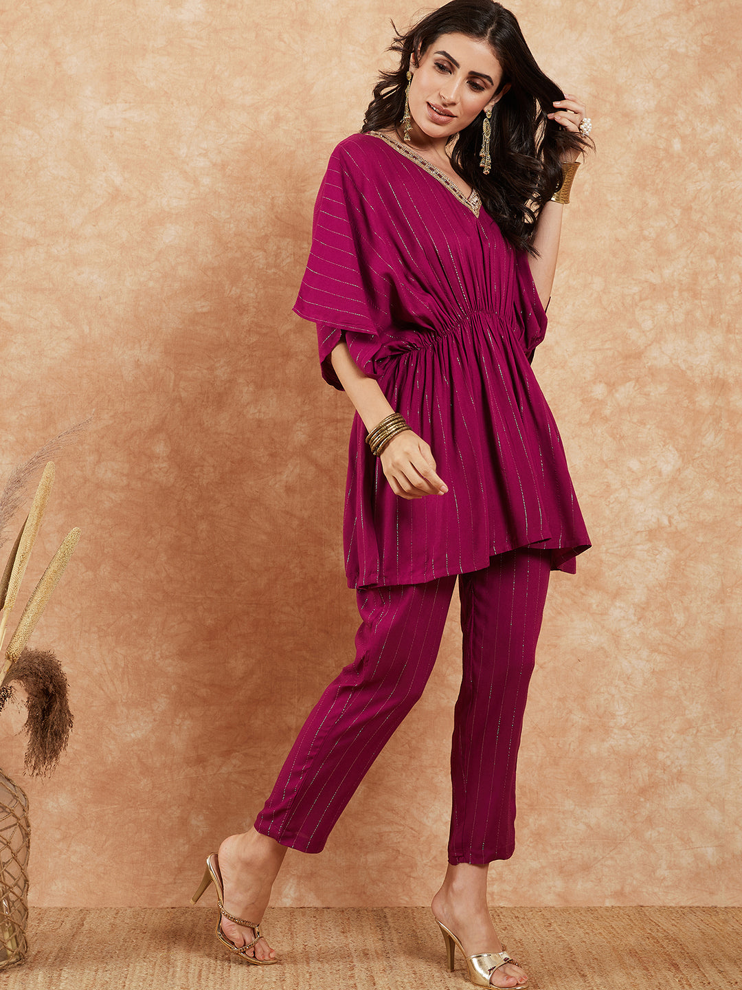 InWeave Women's Magenta Lurex V Neck Gota Kaftan Style Kurta Set