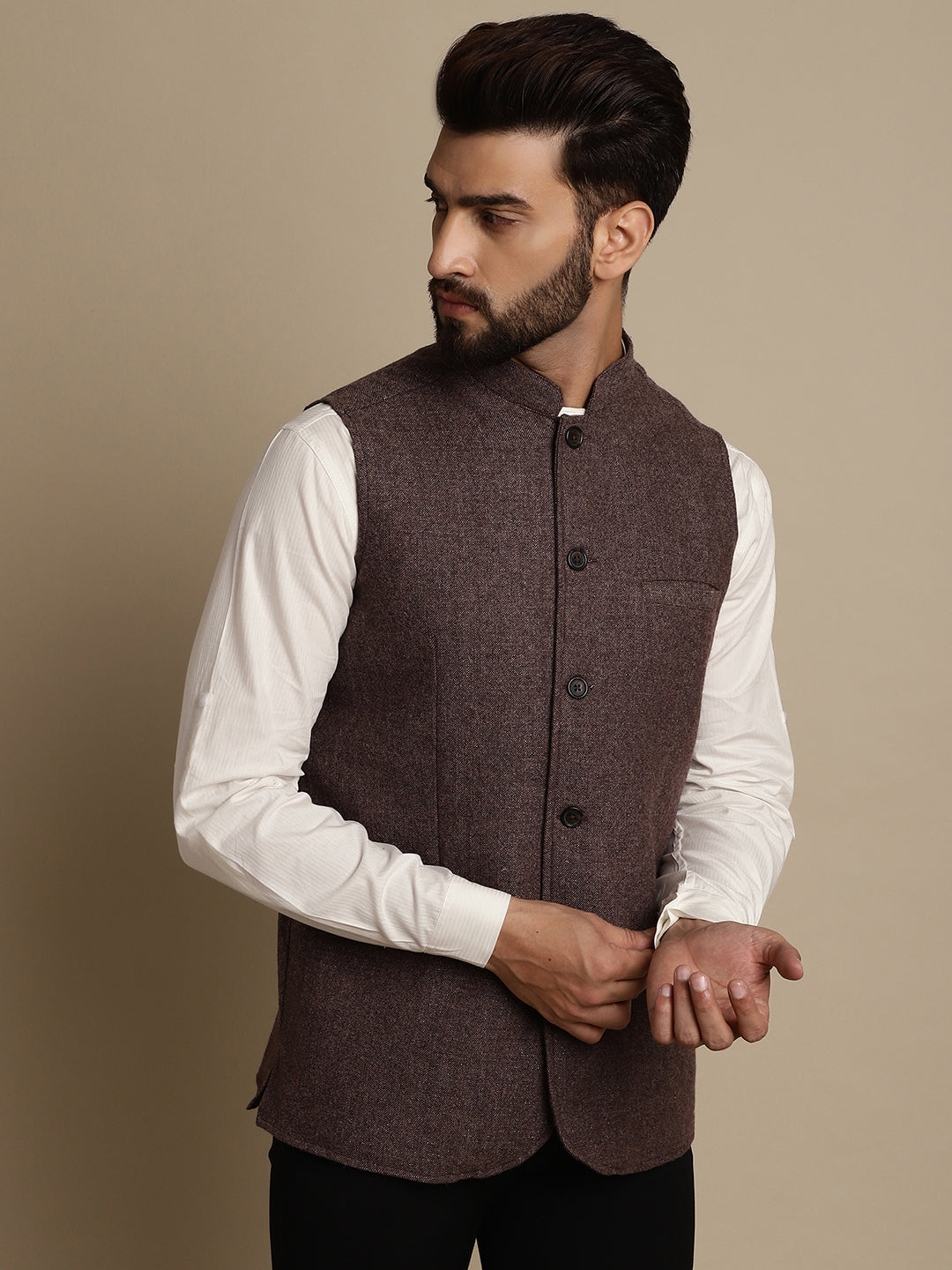 Even Apparels Men's Brown Mandarin Collar Waistcoat