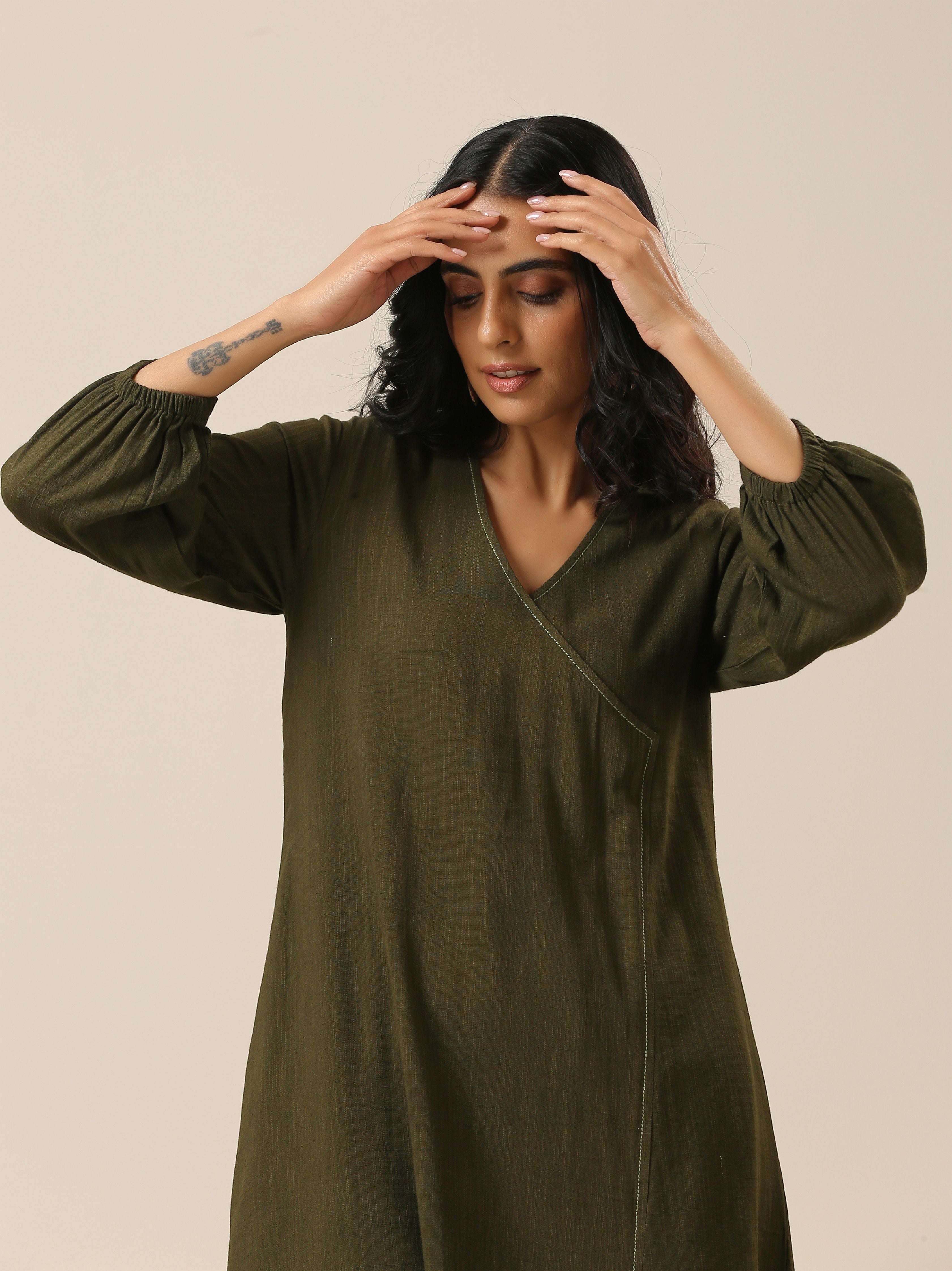 trueBrowns Olive Green Slub Texture Kurta Pant Set