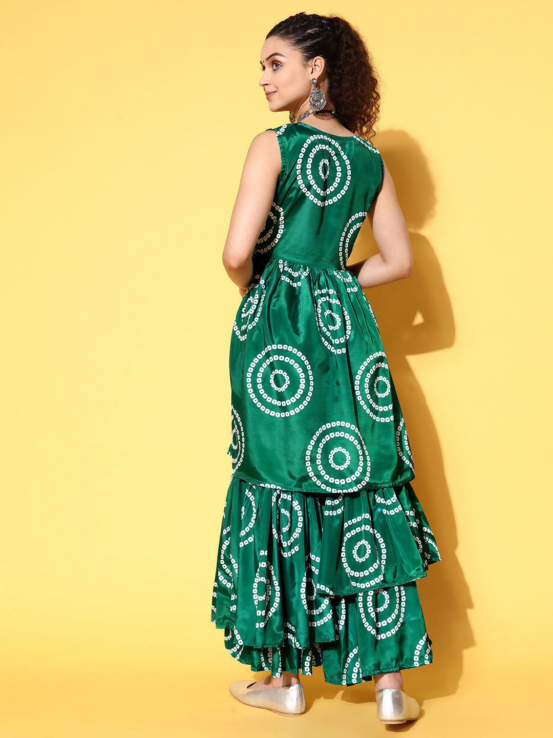 InWeave Women's Green Bandhani Motif Tiered Sharara Set