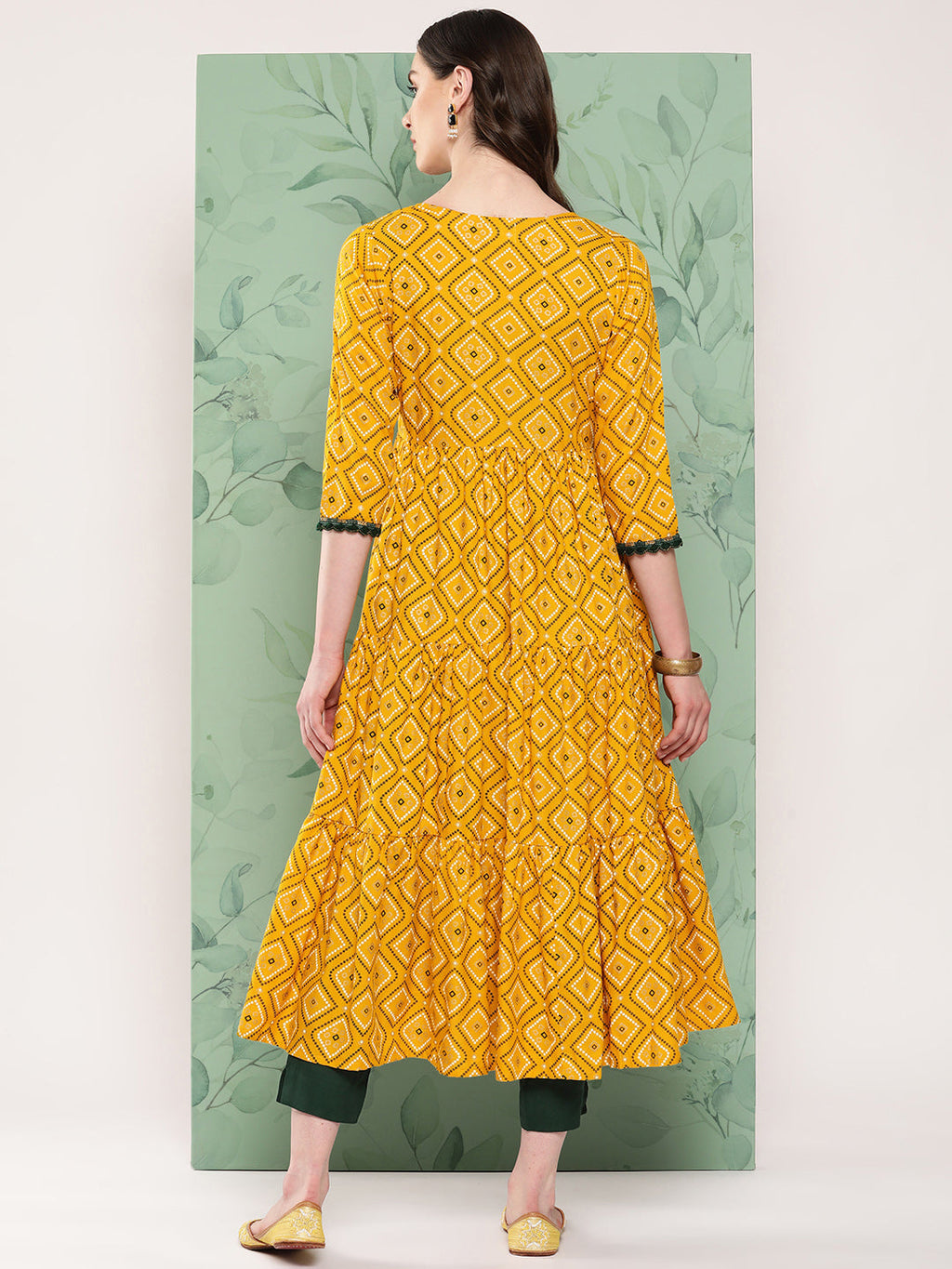 InWeave Women's Green Top Bottom W Mustard Bandhej Long Shrug Set