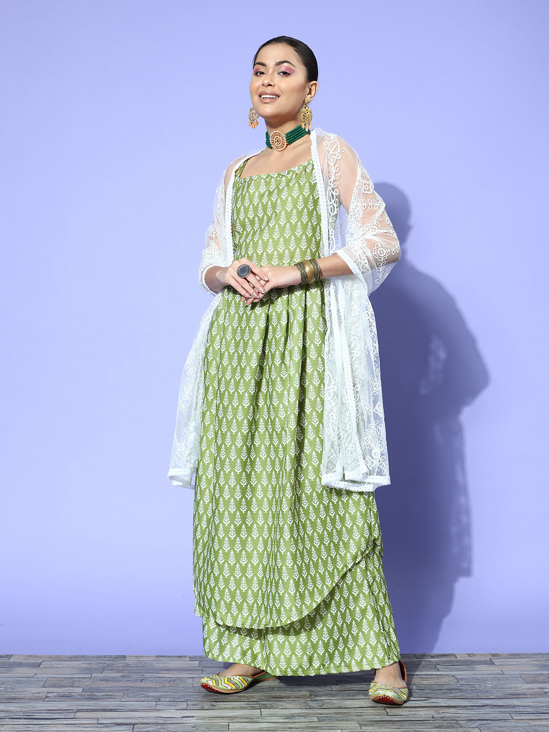 InWeave Women's Green Small Boota Print Strappy Set With Dupatta