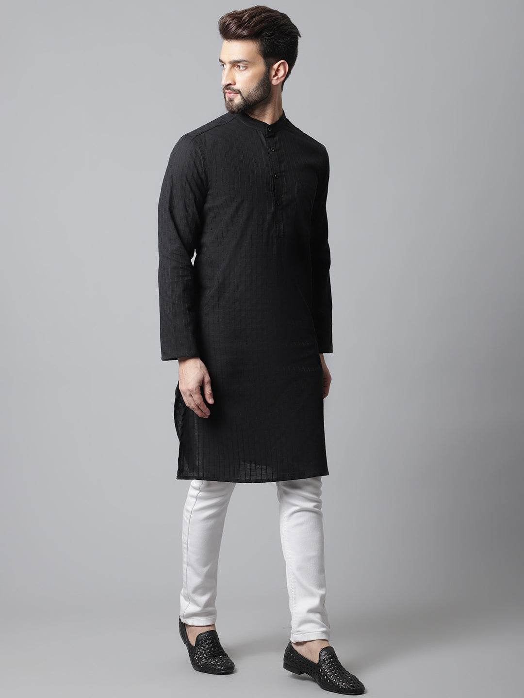 Even Apparels Black Long Kurta With Band Collar
