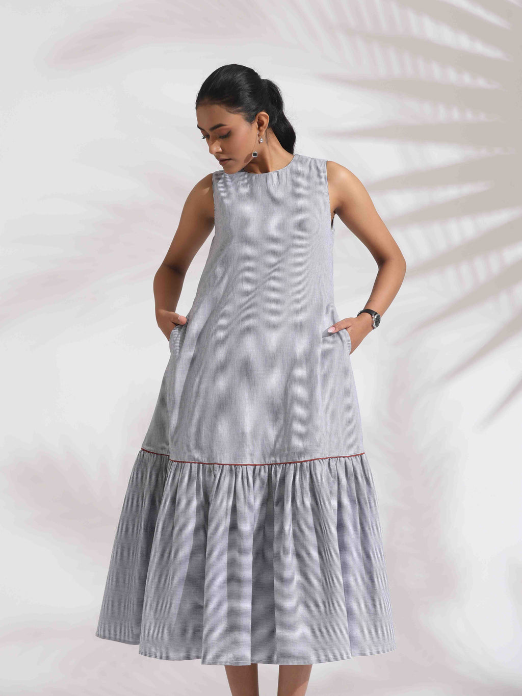 trueBrowns trueBrown Grey Cotton Stripe Tier Dress