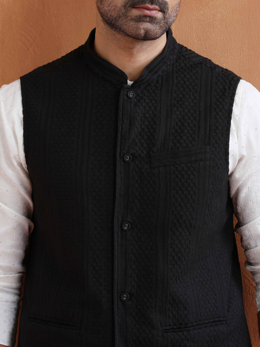 trueBrowns Men's Black Textured Cotton Dobby Nehru Jacket