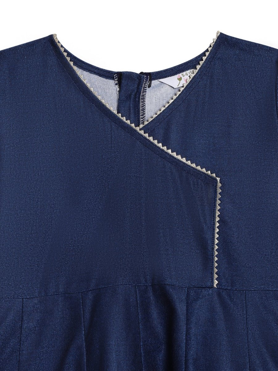 Ahalyaa Girls Navy Blue Velvet Angrakha Gotta Patti Kids Kurta with Palazzos