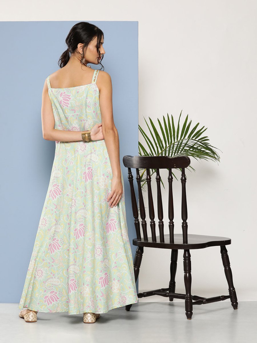 Ahalyaa Women Sea Green Floral Printed Empire Gotta Patti Kurta with Trousers