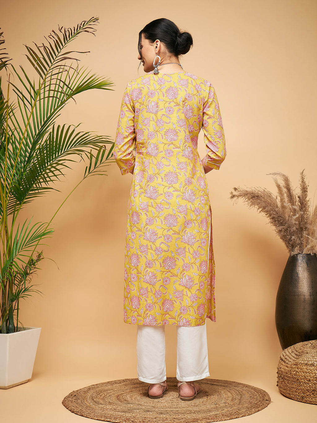 InWeave Women's Lime Pink Print Patch Cotton Straight Kurta