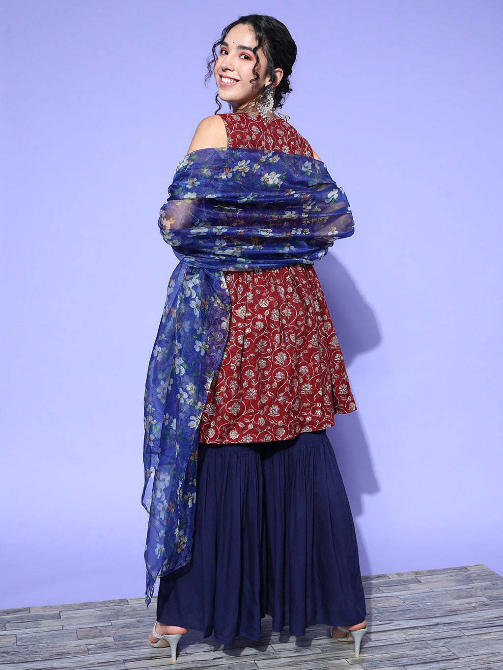 InWeave Women's Burgundy Printed Kurta Sharara Set With Blue Organza Dupatta