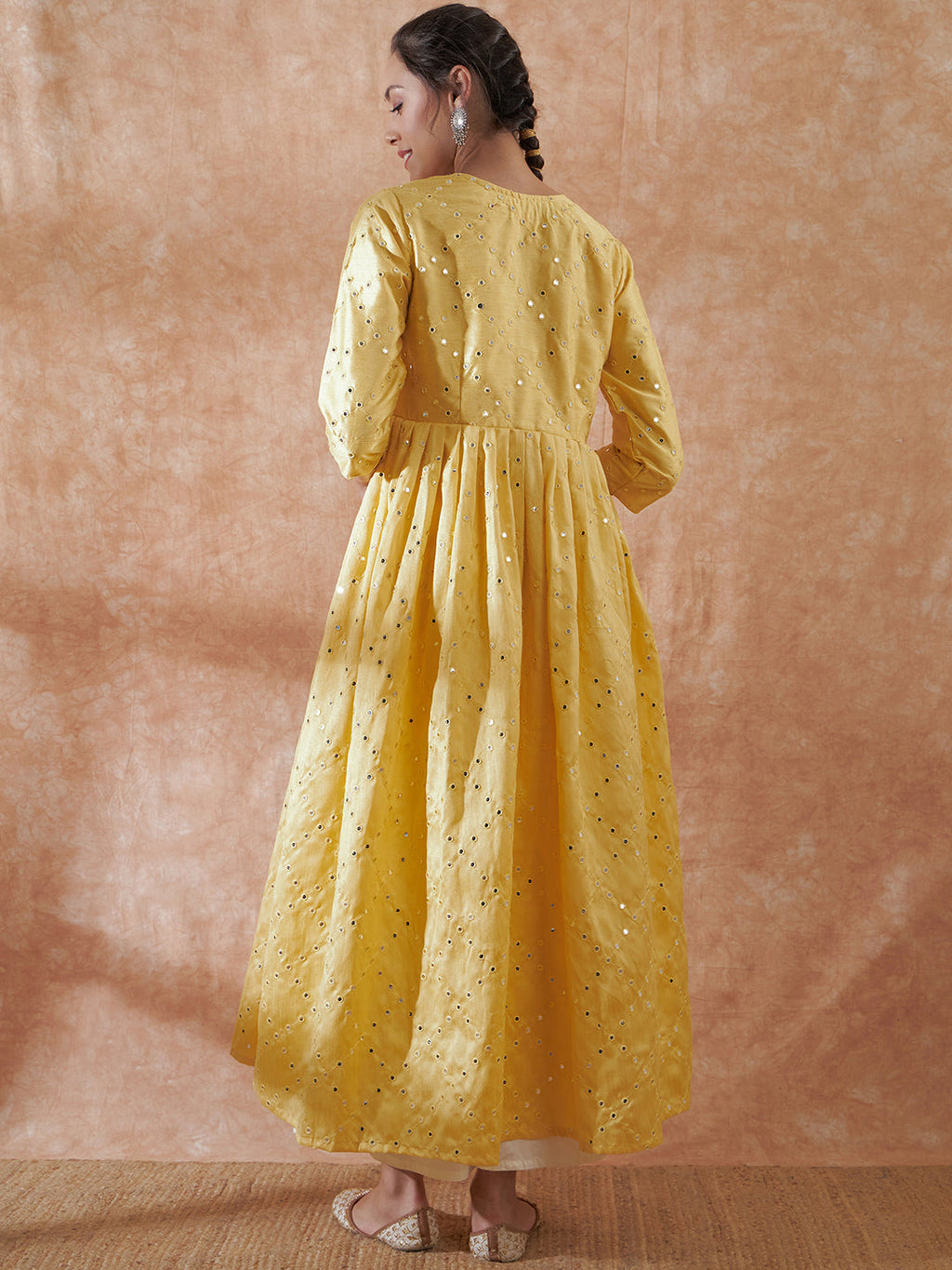 InWeave Women's Light Yellow Mirror Work Long Anarkali Kurta
