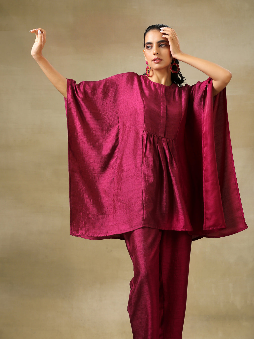 trueBrowns Purple Textured Silk Gathered Kaftan Co-Ord Set