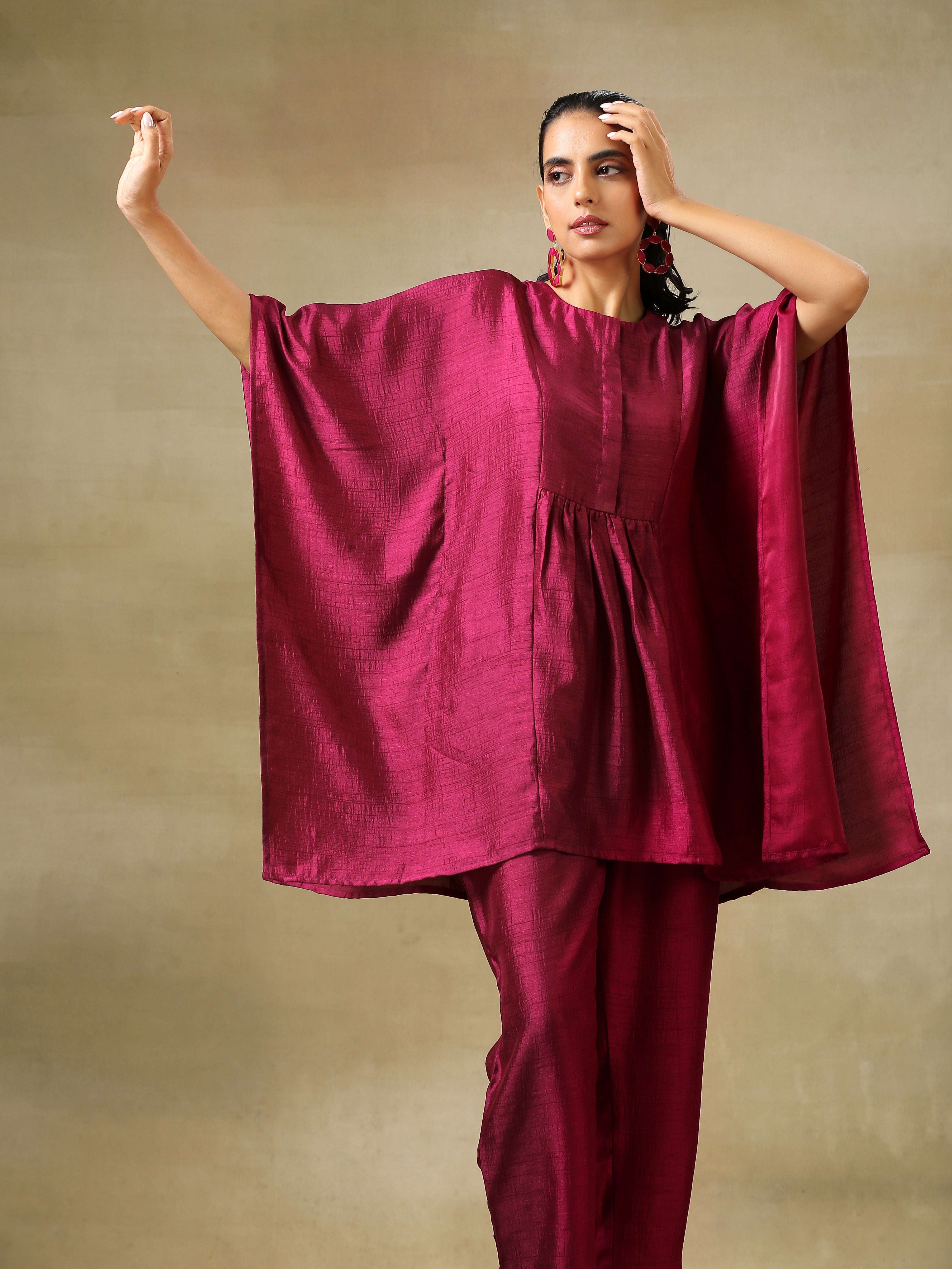 trueBrowns Purple Textured Silk Gathered Kaftan Co-Ord Set