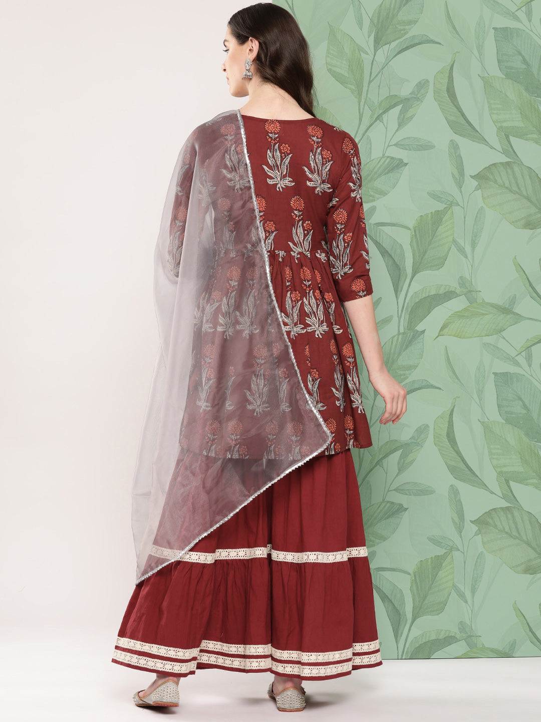 InWeave Women's Brick Rust Boota Sharara Set With Dupatta