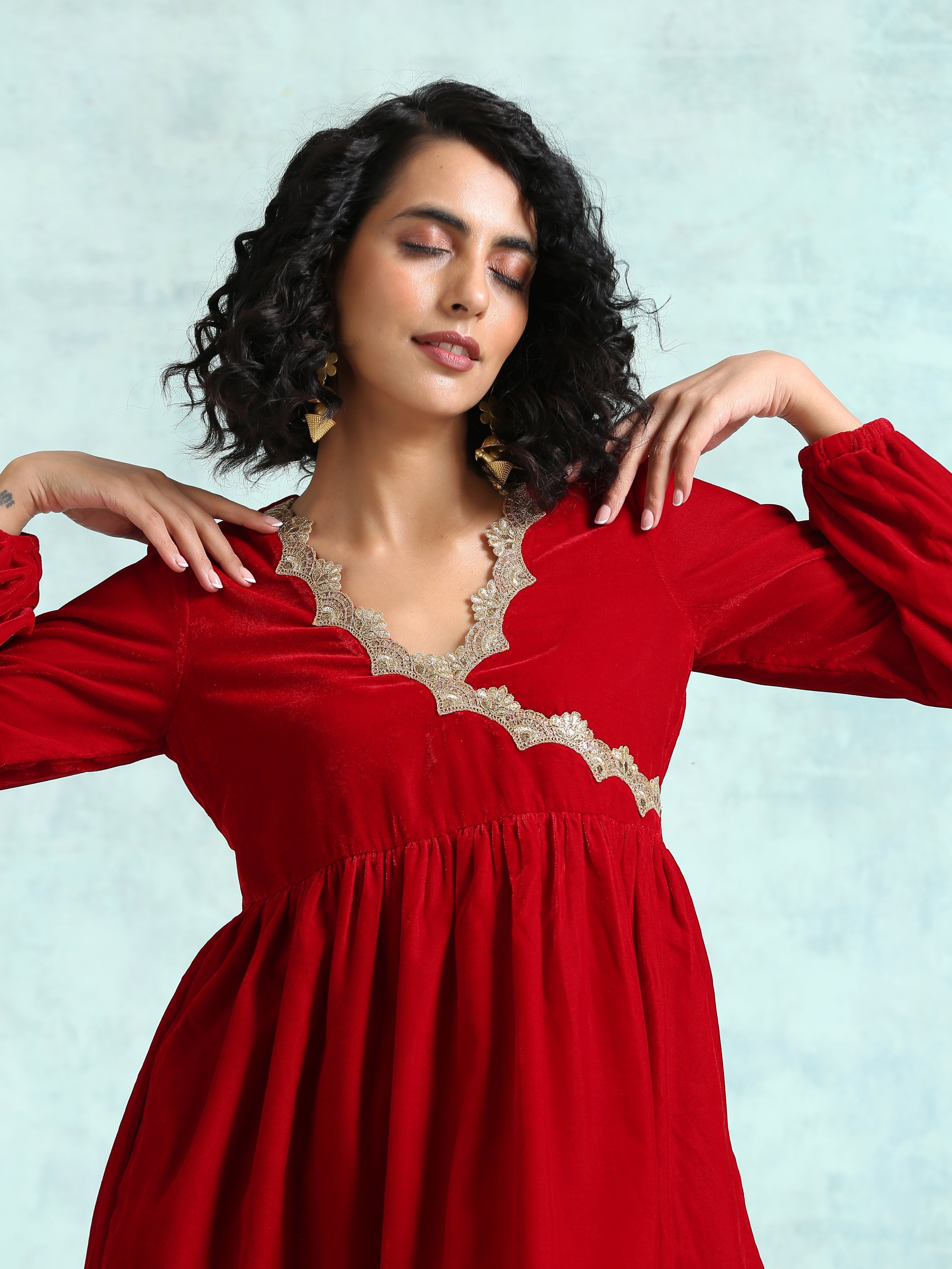 trueBrowns True Red Velvet Lace Co-Ord Set