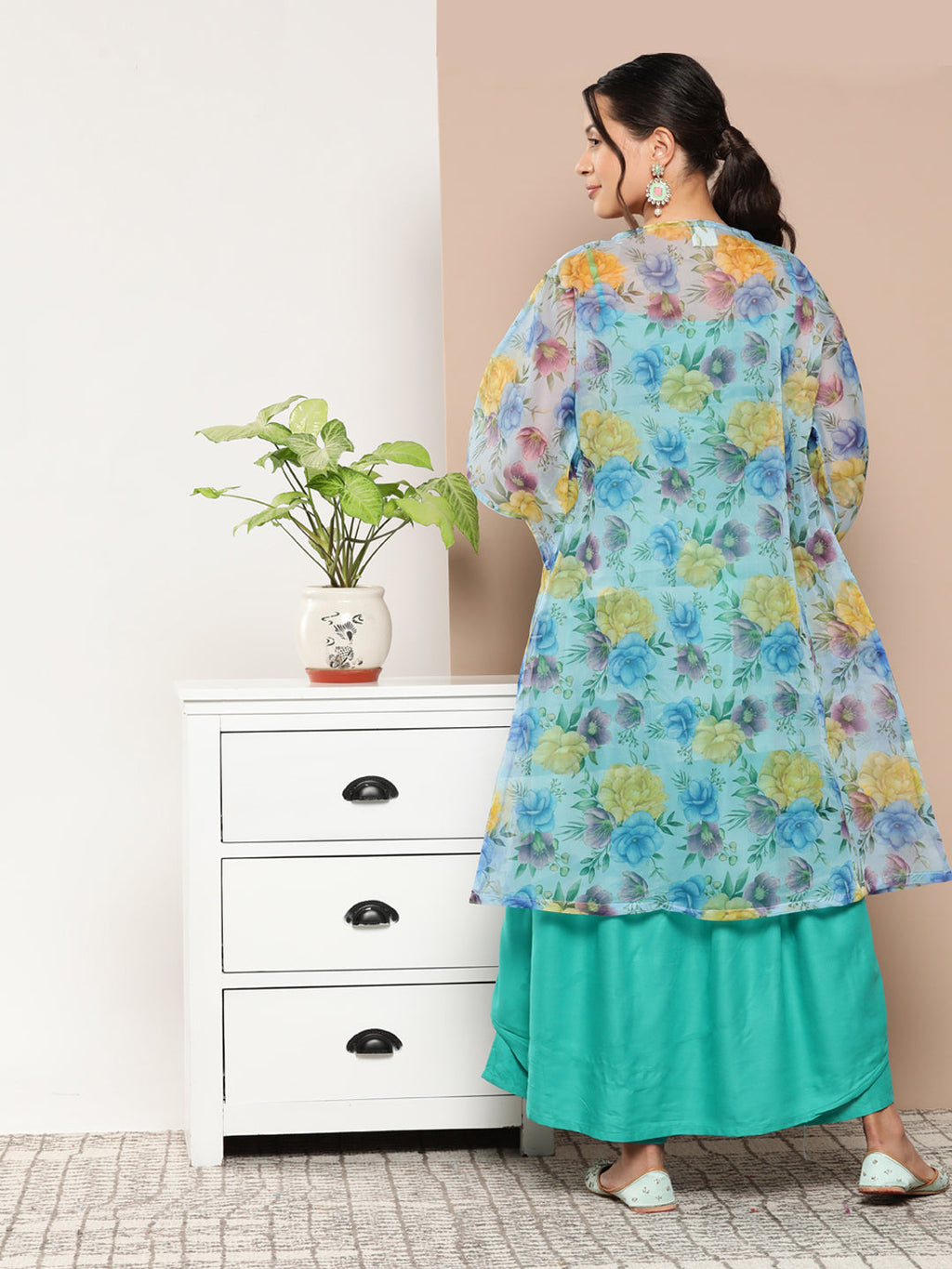InWeave Women's Teal Blue Strappy Set With Blue Yellow Floral Cape