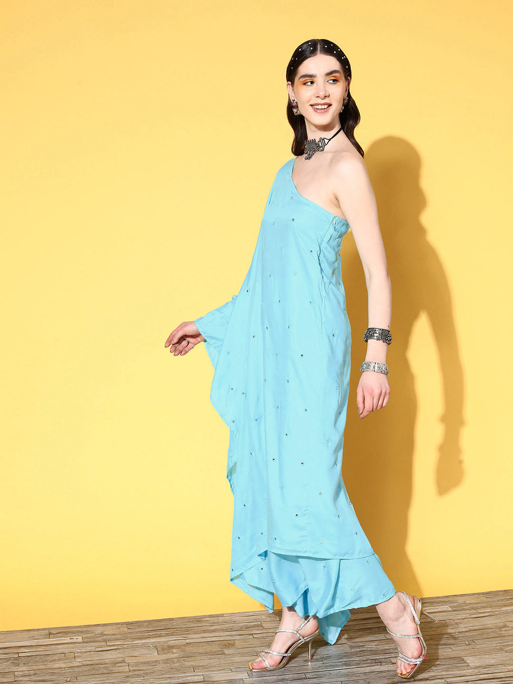 InWeave Women's Sky Blue Mirror Work One Shoulder Kurta Set With Dupatta