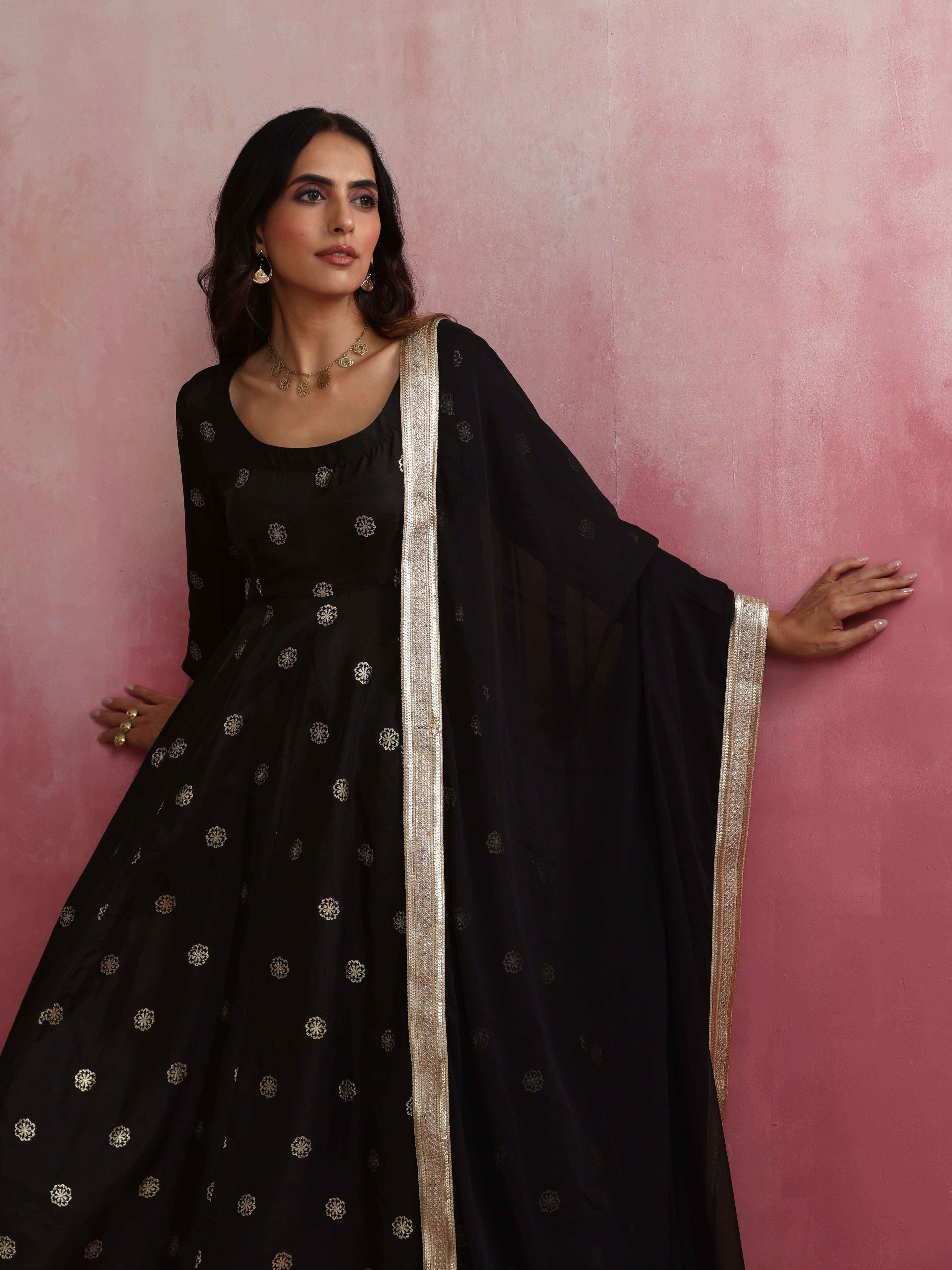 trueBrowns Black Viscose Silk Kurta Set