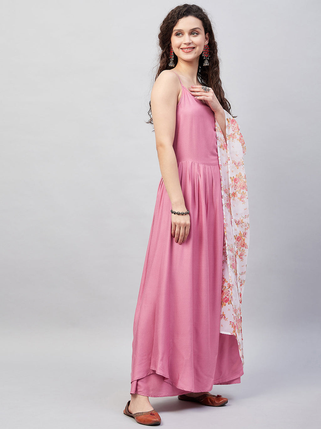 InWeave Women's Light Pink Strappy Set W Cream Orange Print Ge Dupatta